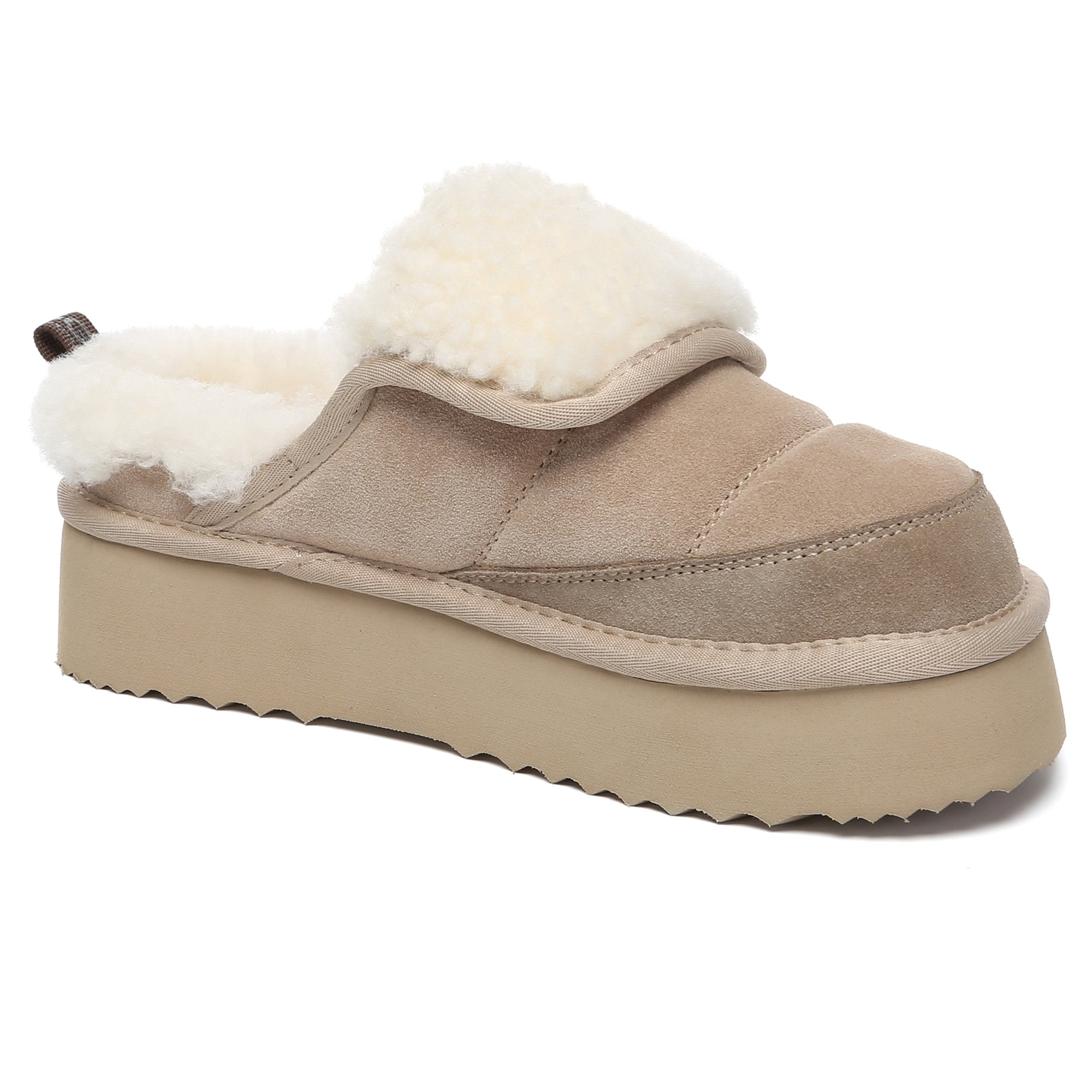 EverUgg Puffer sheepskin platform slippers for women, featuring plush sheepskin and a chunky platform sole.