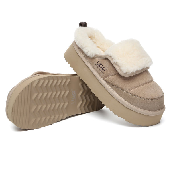 EverUgg puffer sheepskin platform slippers for women featuring cozy sheepskin lining and chunky sole, ideal for comfortable indoor wear.