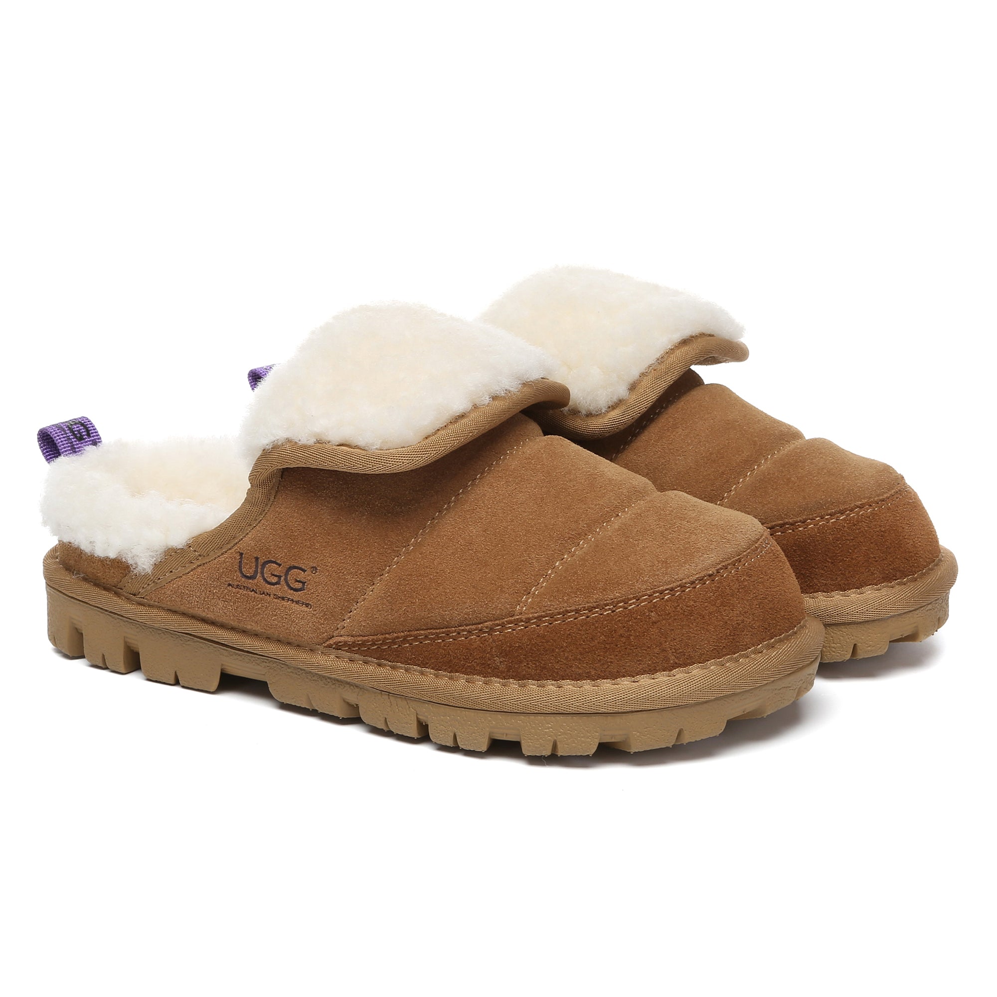 EverUgg Puffer Sheepskin Slippers for women, cozy slip-on shoes with plush sheepskin lining and puffy exterior.