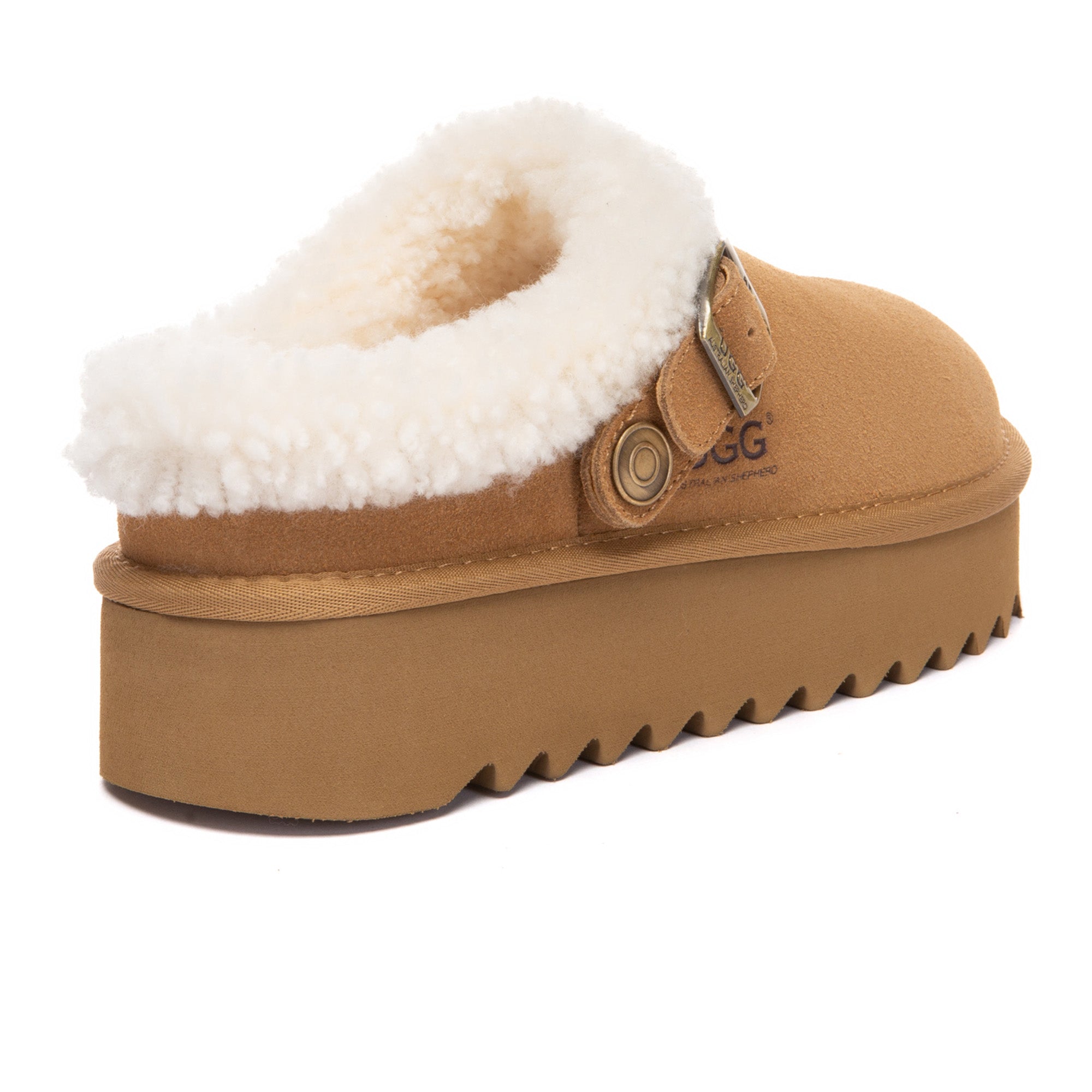 EverUgg Pulse Buckle Strap UGG platform slippers for women featuring a stylish buckle strap and comfortable slip-on design.