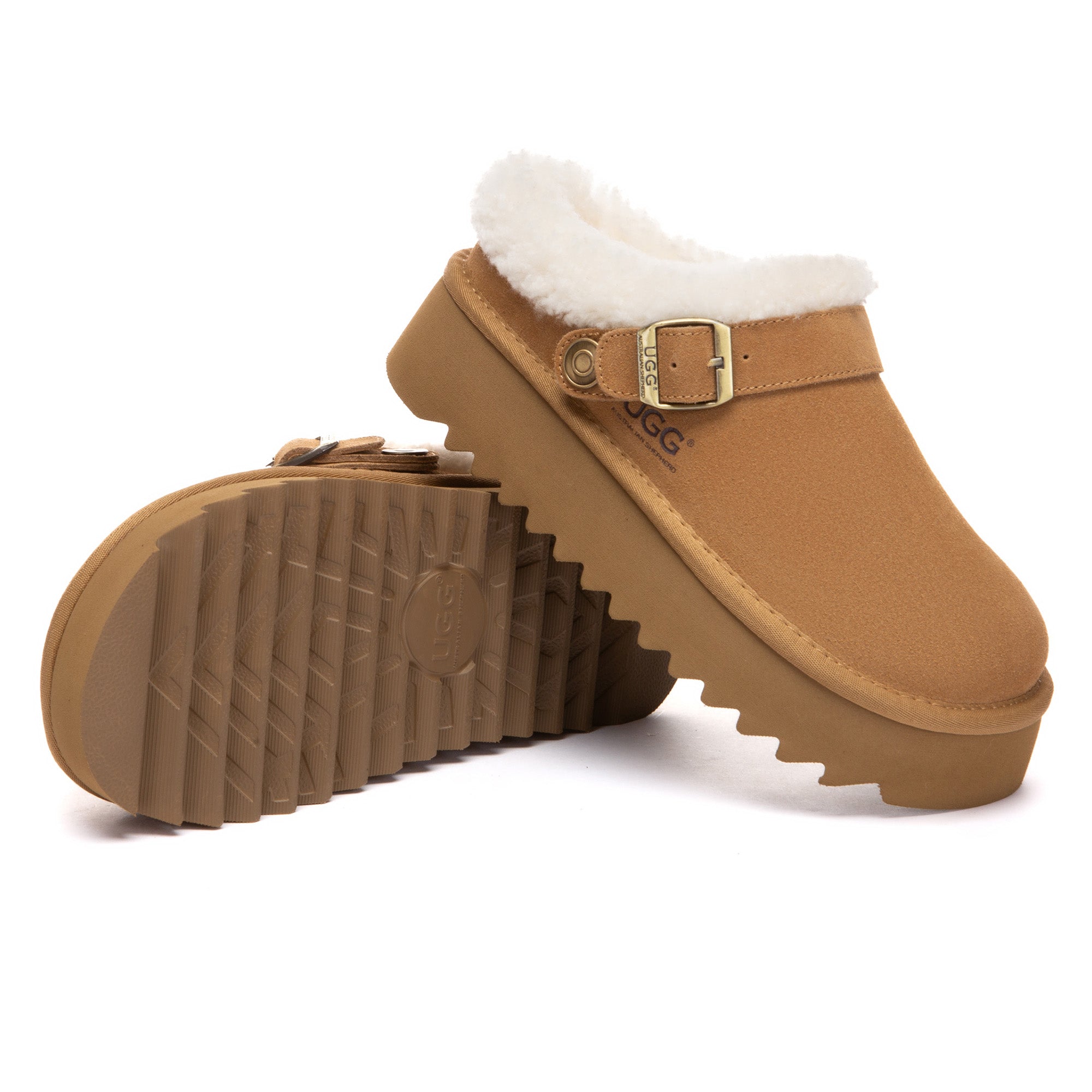 EverUgg Pulse Buckle Strap UGG platform slippers for women with stylish buckle strap and cozy slip-on design.