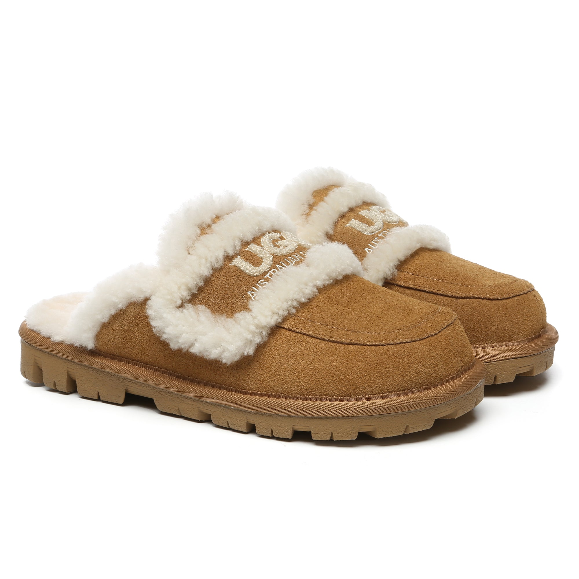 EverUgg Riley shearling wool UGG slippers for women with comfort sole, featuring plush shearling lining and soft suede exterior.