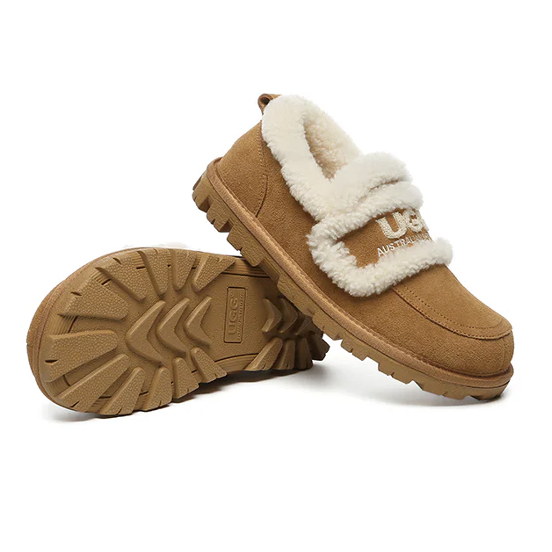 Chestnut-colored Riley UGG ankle loafer for women, featuring a soft slip-on design and comfortable UGG slipper style.