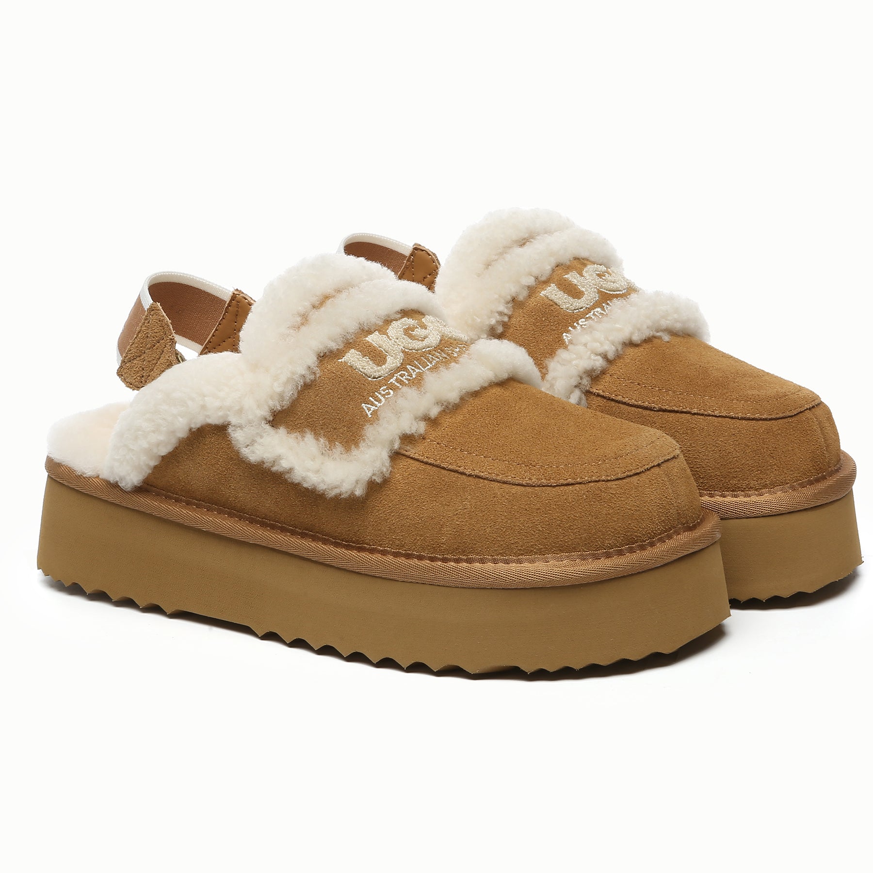 EverUgg Riley UGG platform slingback slippers for women, stylish slip-on shoes with cushioned soles and ankle straps.