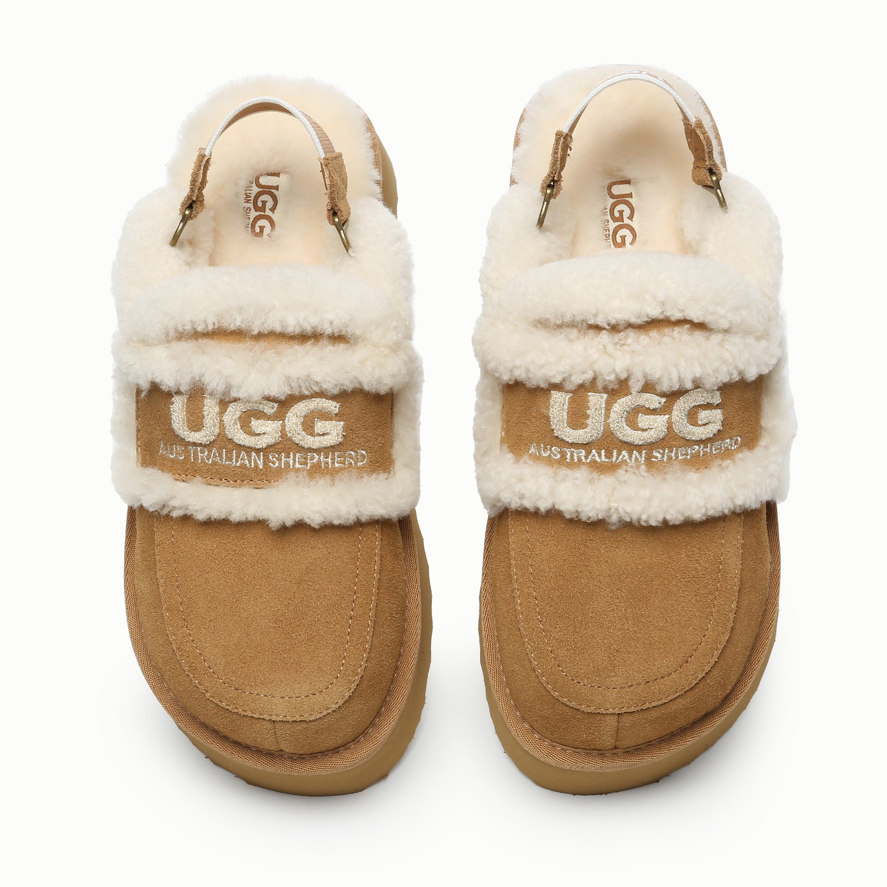 EverUgg Riley UGG platform slingback slippers with cushioned footbed and open toe, featuring tan suede straps and ankle buckle.