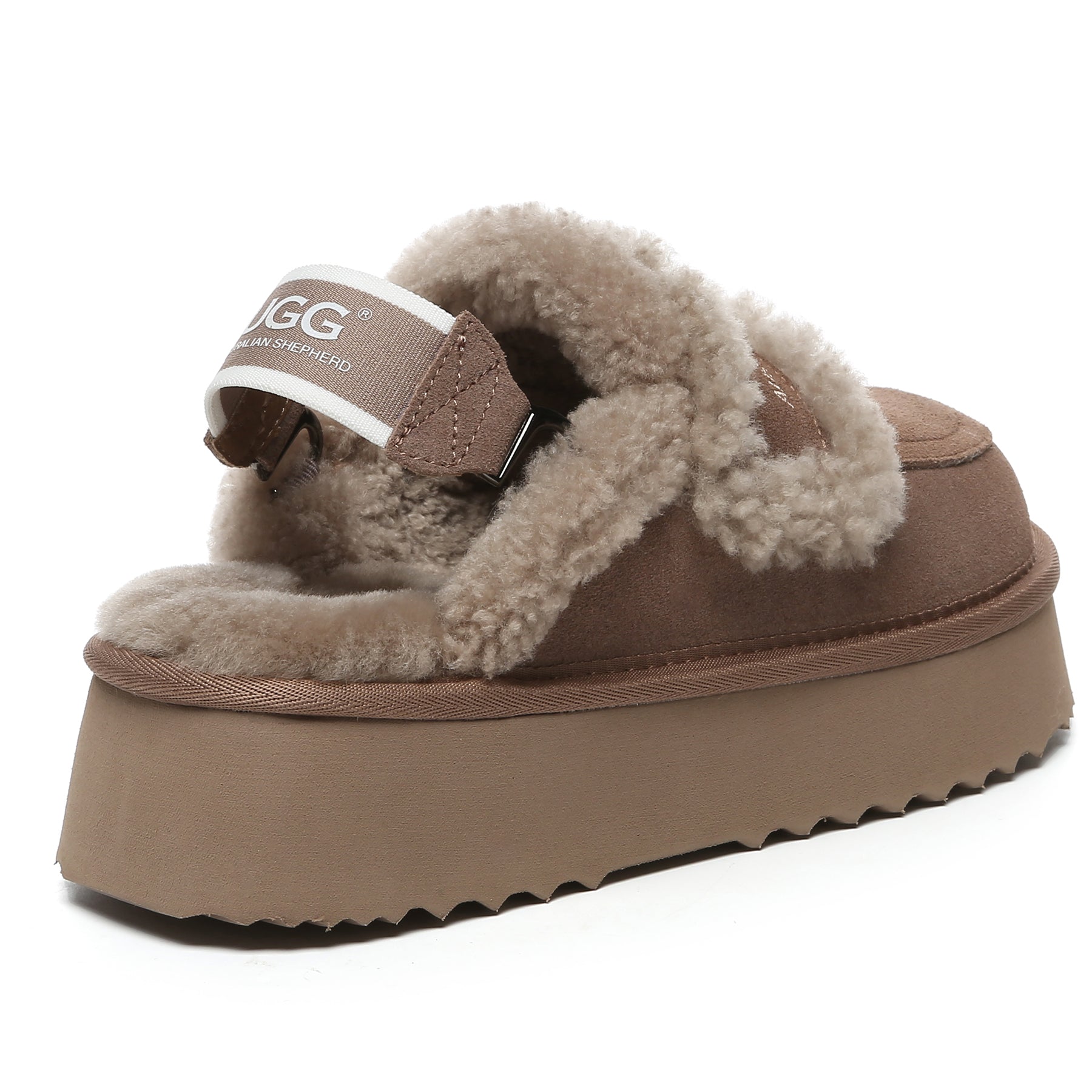Brown Riley UGG platform slingback slippers for women with cushioned soles and elegant design from EverUgg.