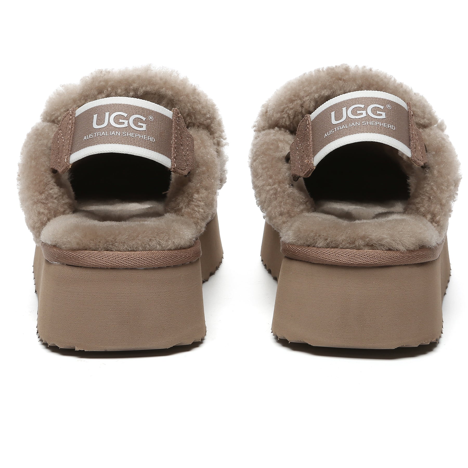 Brown Riley UGG platform slingback slippers for women, showcasing cushioned soles and stylish slip-on design.