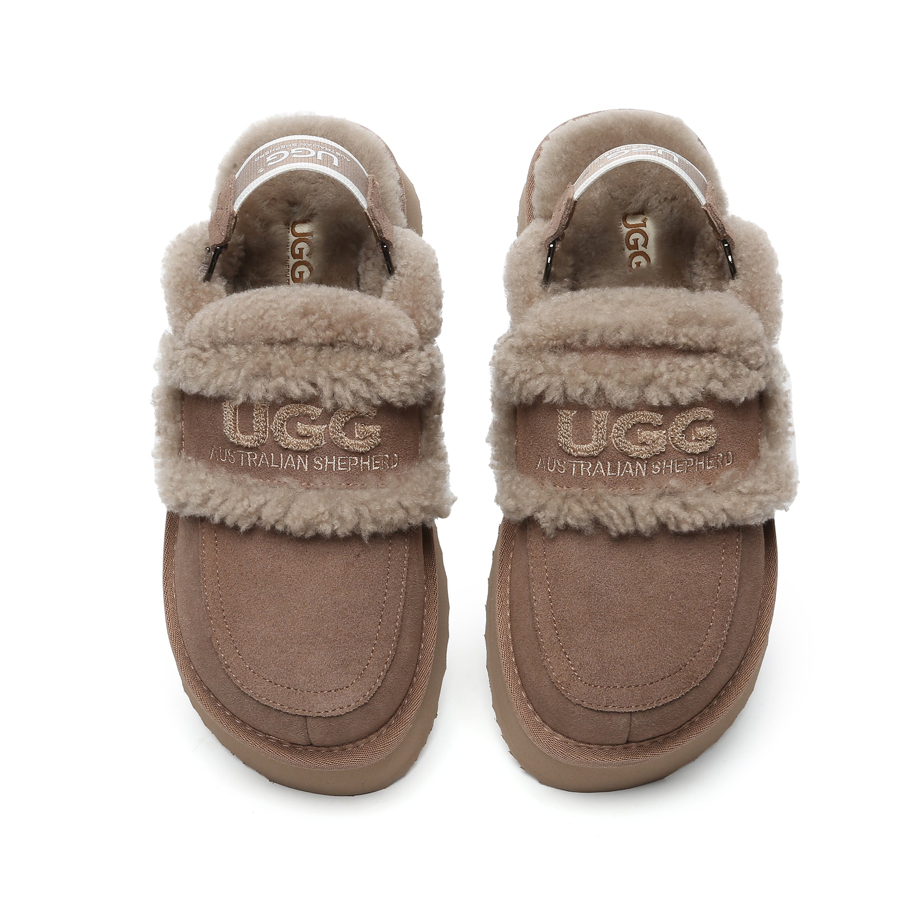 Brown Riley UGG platform slingback slippers for women, soft suede slippers with chunky heel and open-toe design.