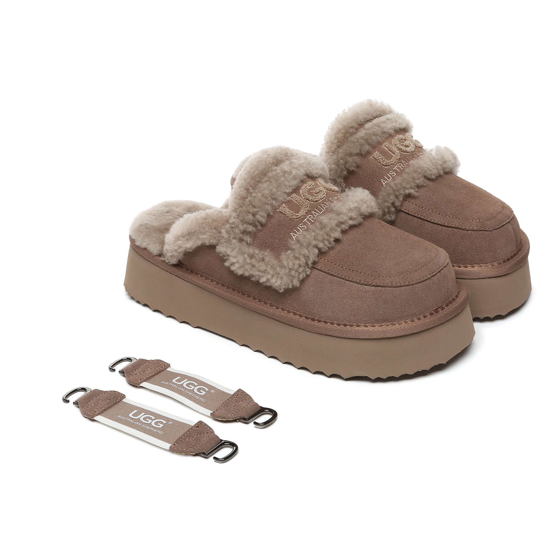 Brown Riley UGG platform slingback slippers for women, featuring soft materials and stylish design.