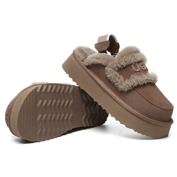 Brown Riley UGG platform slingback slippers for women with cushioned soles and stylish design.