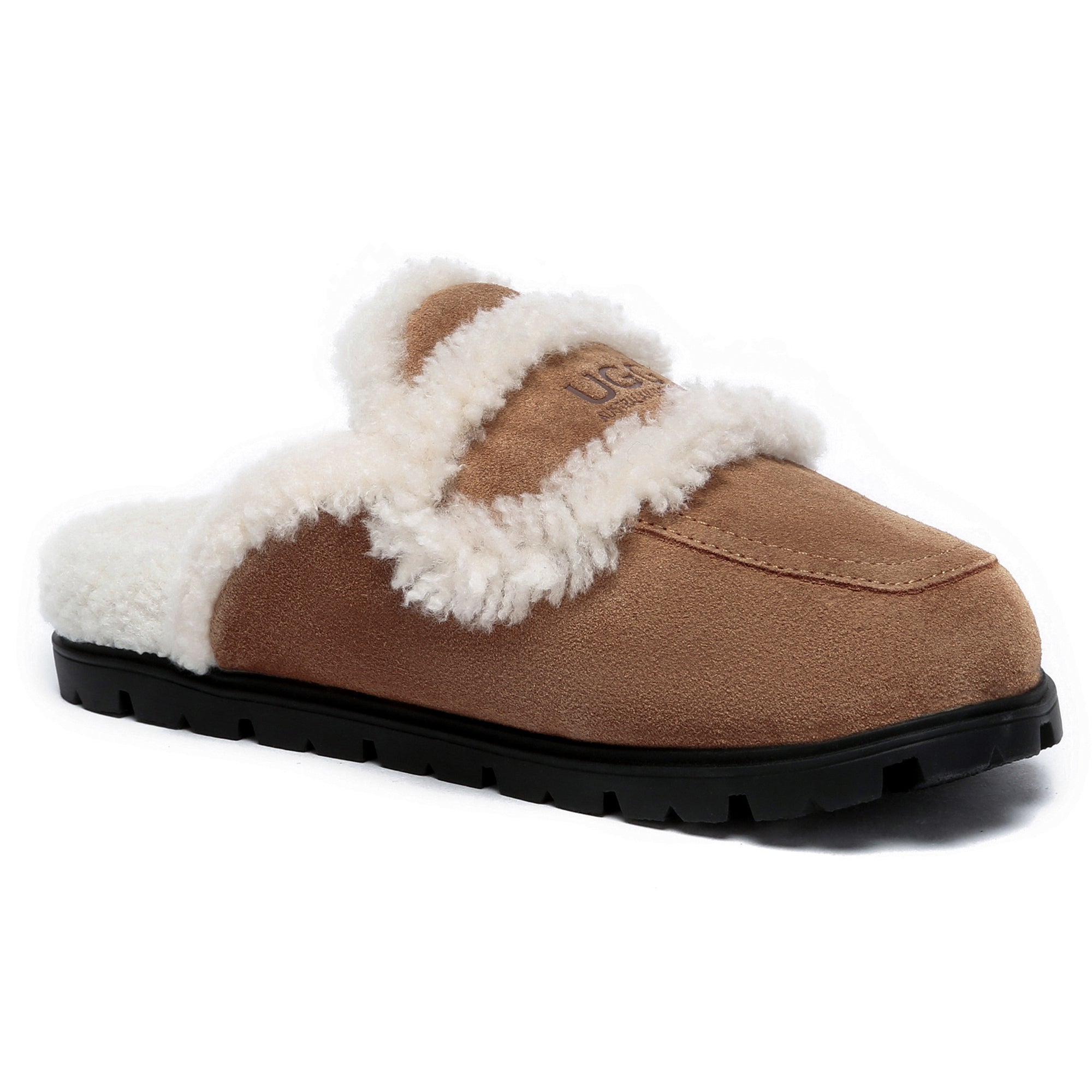 EverUgg Rome Shearling Premium UGG slippers, open-toe sandals with plush shearling lining and durable sole, in neutral tones.