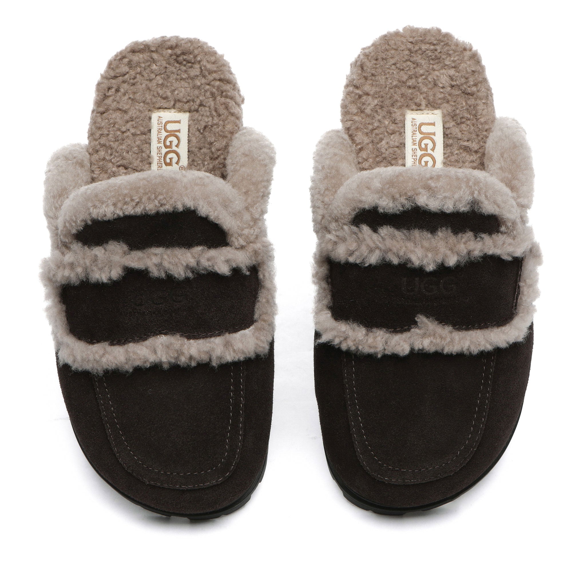 EverUgg Rome Shearling Premium UGG slippers in chocolate, showing cozy shearling lining and stylish sandal design.