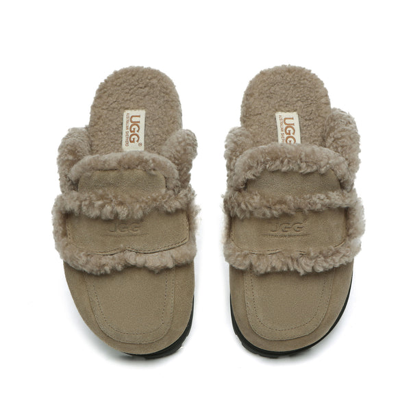 EverUgg Rome shearling UGG slippers in sandal style with plush shearling lining, shown in caribou color.