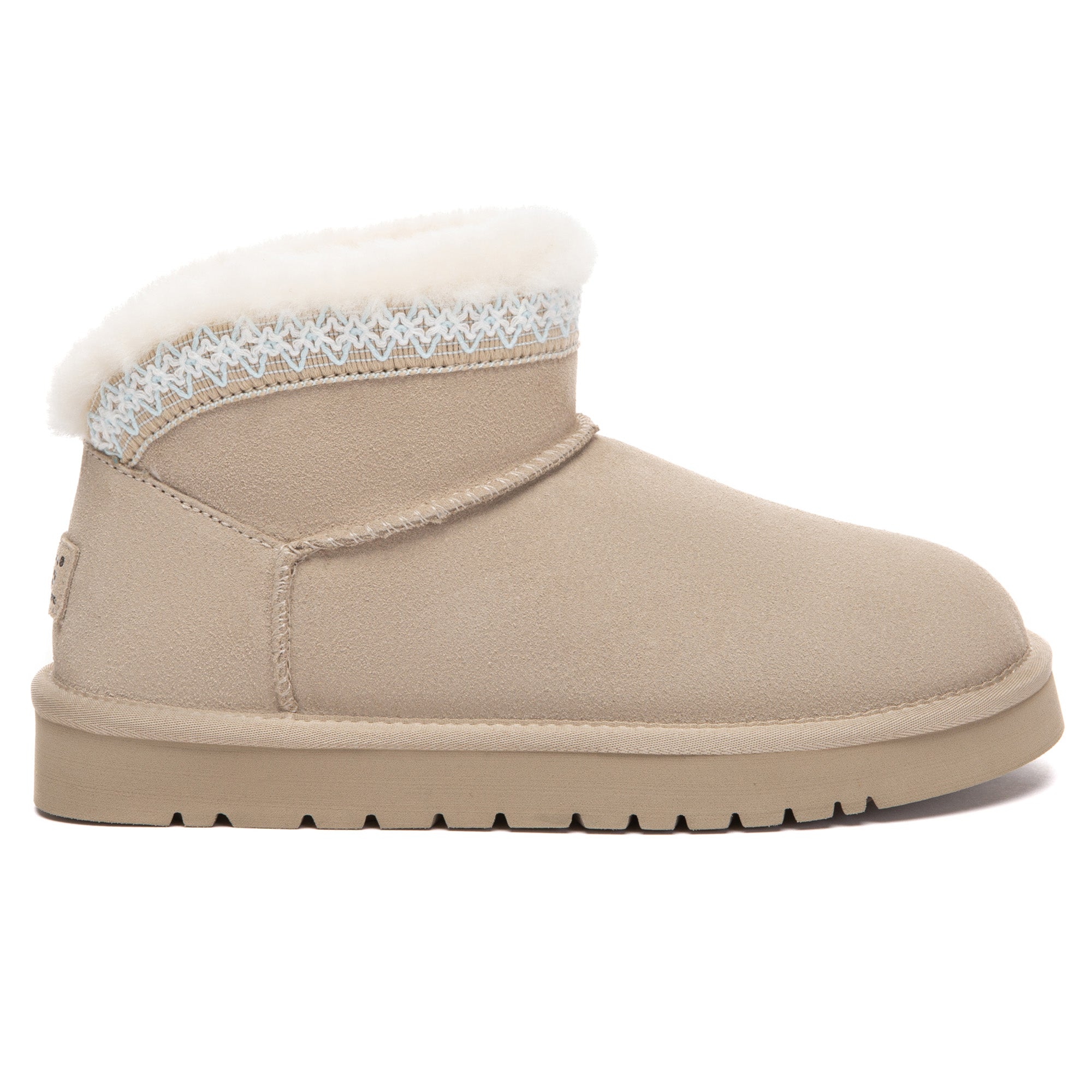 EverUgg Bohemian Ultra Mini UGG Boots in soft suede with plush sheepskin lining and decorative stitching, stylish and cozy footwear.