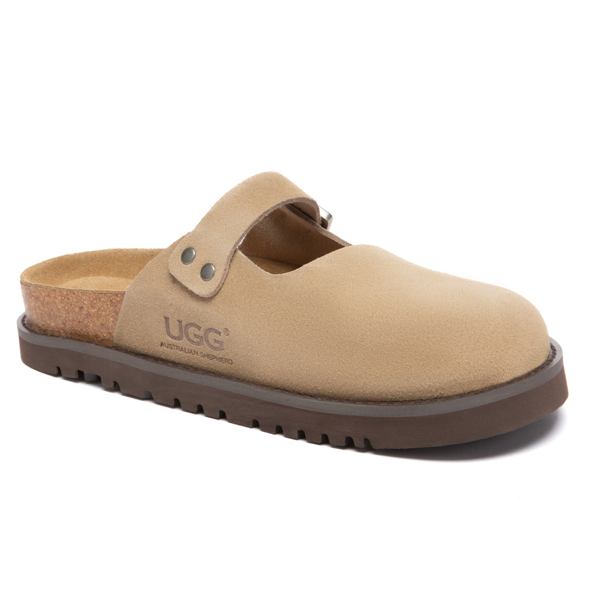EverUgg Birkie Buckle Strap Slides slippers with wide straps and buckle detail, shown on a neutral background.