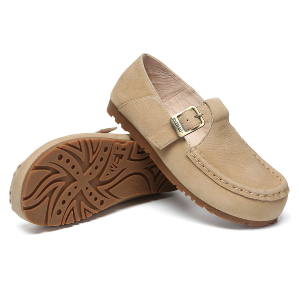 EverUgg Buckle Leather Mary Jane flats, stylish slippers with a buckle strap and smooth leather upper, on a neutral background.