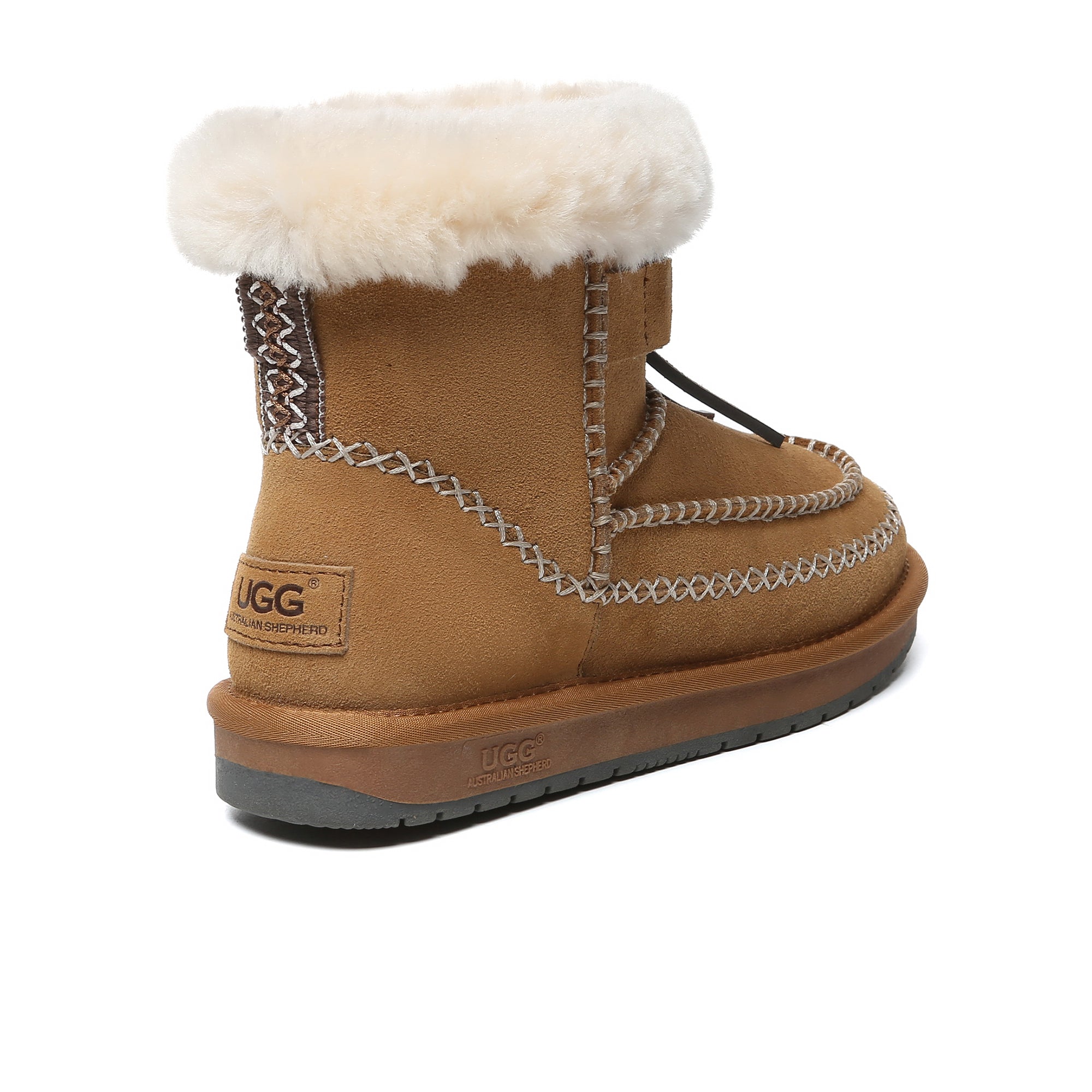 EverUgg Santana Stitch Mini UGG Boots for women, cozy sheepskin-lined shoes with stylish stitching, perfect for cold weather.