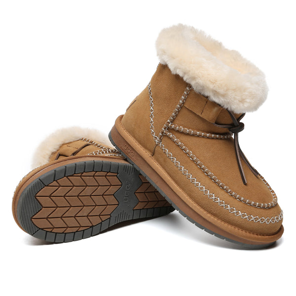 EverUgg Santana Stitch Mini UGG Boots for women featuring classic stitching and cozy sheepskin lining.