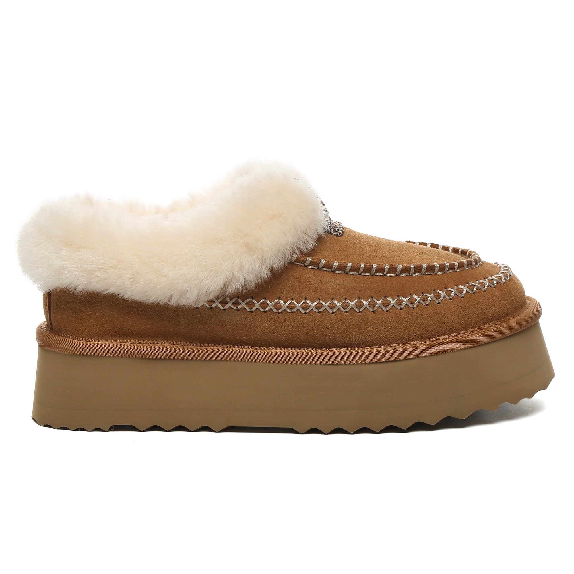 EverUgg Santana Stitch UGG ankle platform slippers for women, featuring cozy knit design and cushioned sole.