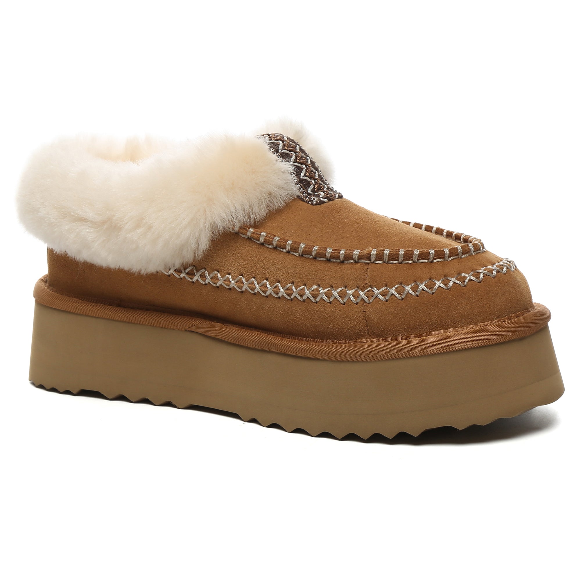 EverUgg Santana Stitch UGG ankle platform slippers with beige knit upper and cushioned sole, designed for comfortable women's footwear.
