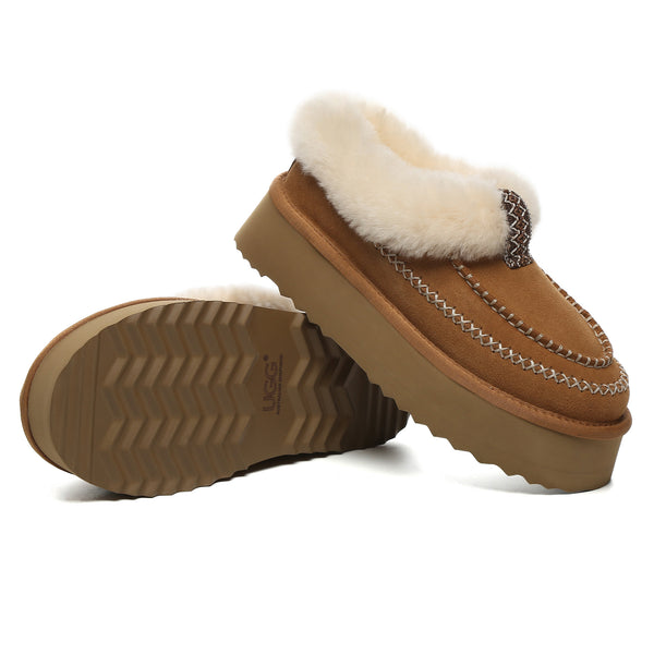 EverUgg Santana Stitch UGG ankle platform slippers for women, featuring plush fabric and slip-on design with stitched detailing.