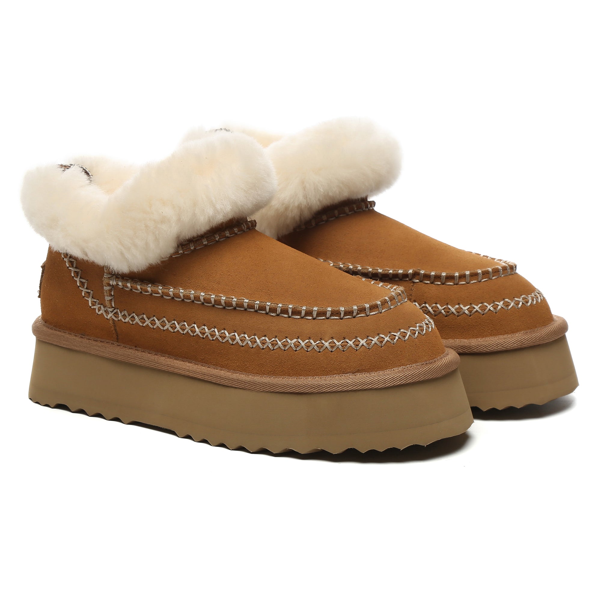 EverUgg Santana Stitch UGG Mini Ankle Platform Slippers for women, featuring cozy slip-on design and stylish stitched details.
