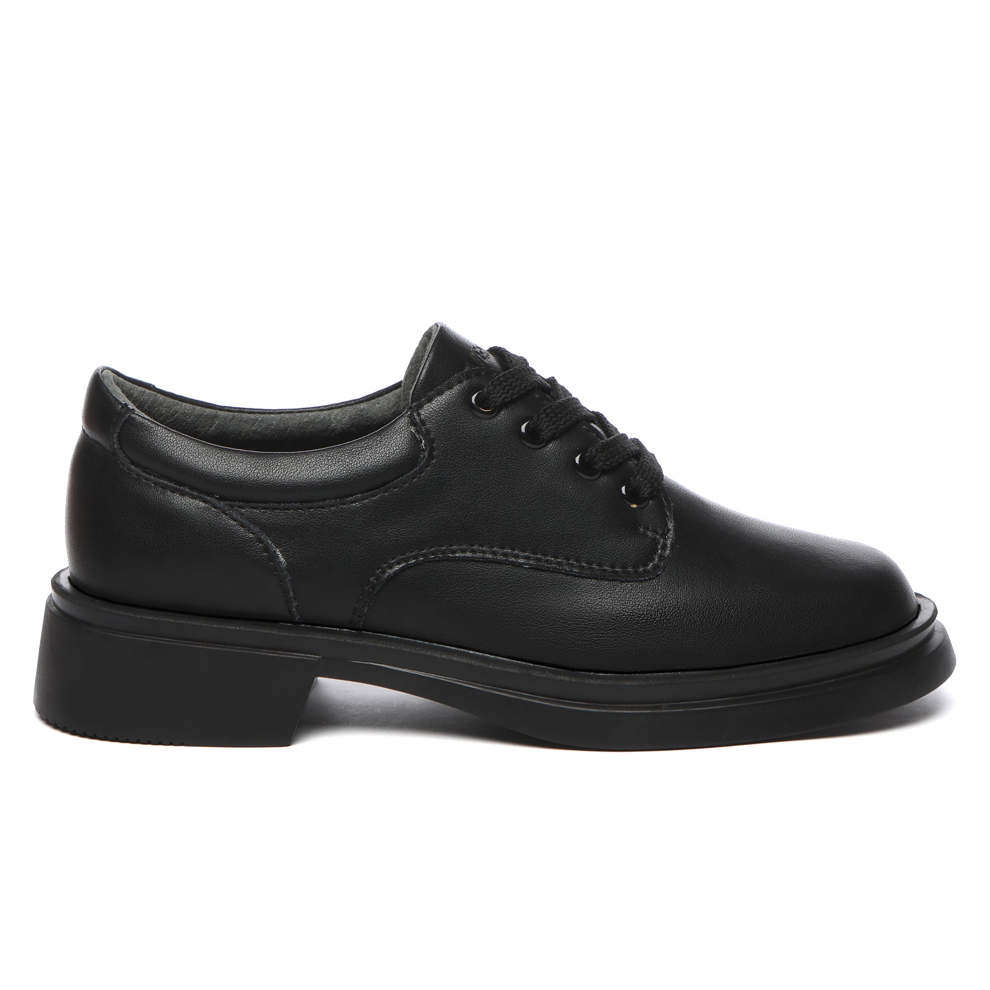 EverUgg senior lace-up school shoes for kids, stylish black leather shoes with white soles, suitable for school uniforms.