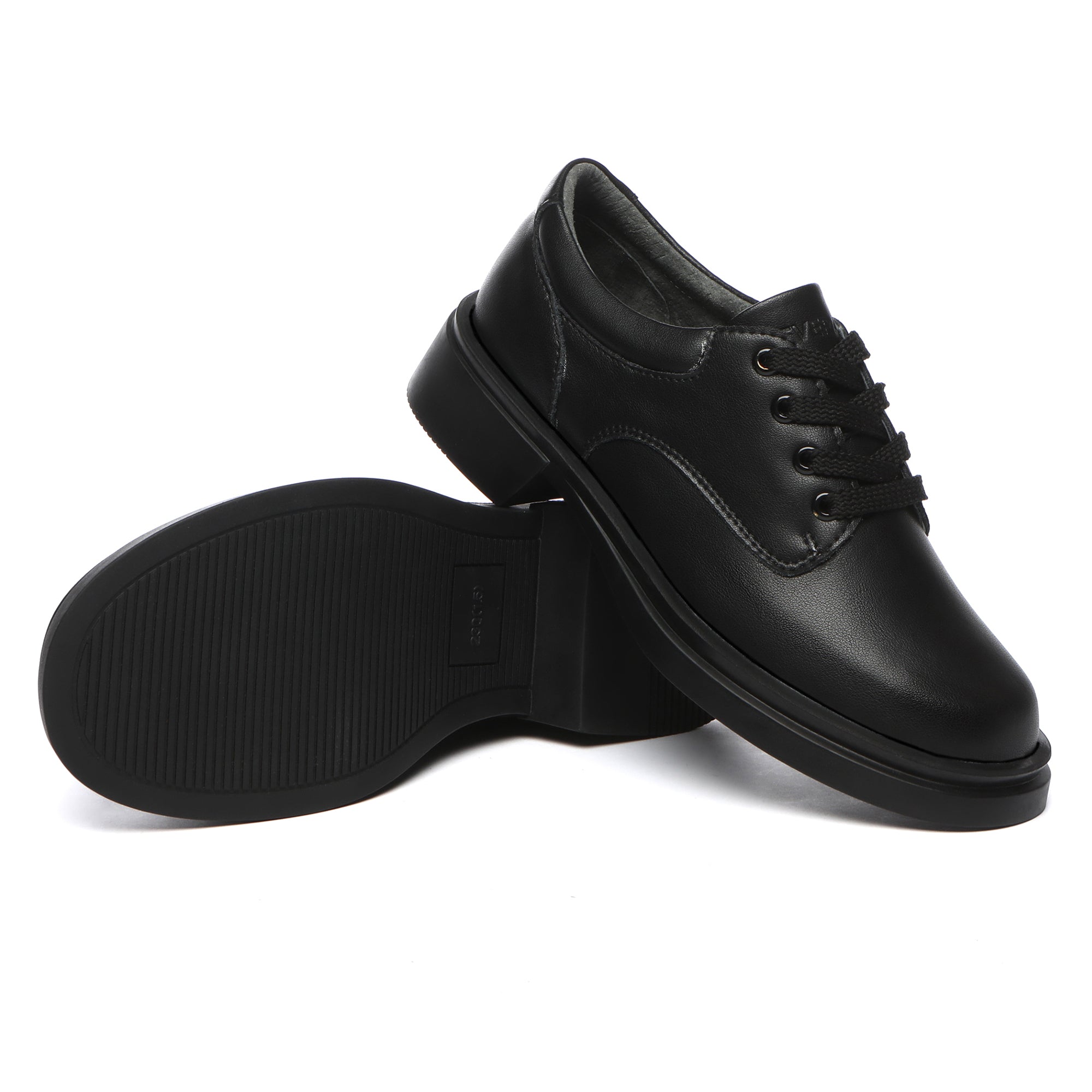 EverUgg senior lace-up school shoes for kids, showing black leather shoes with laces and sturdy soles.