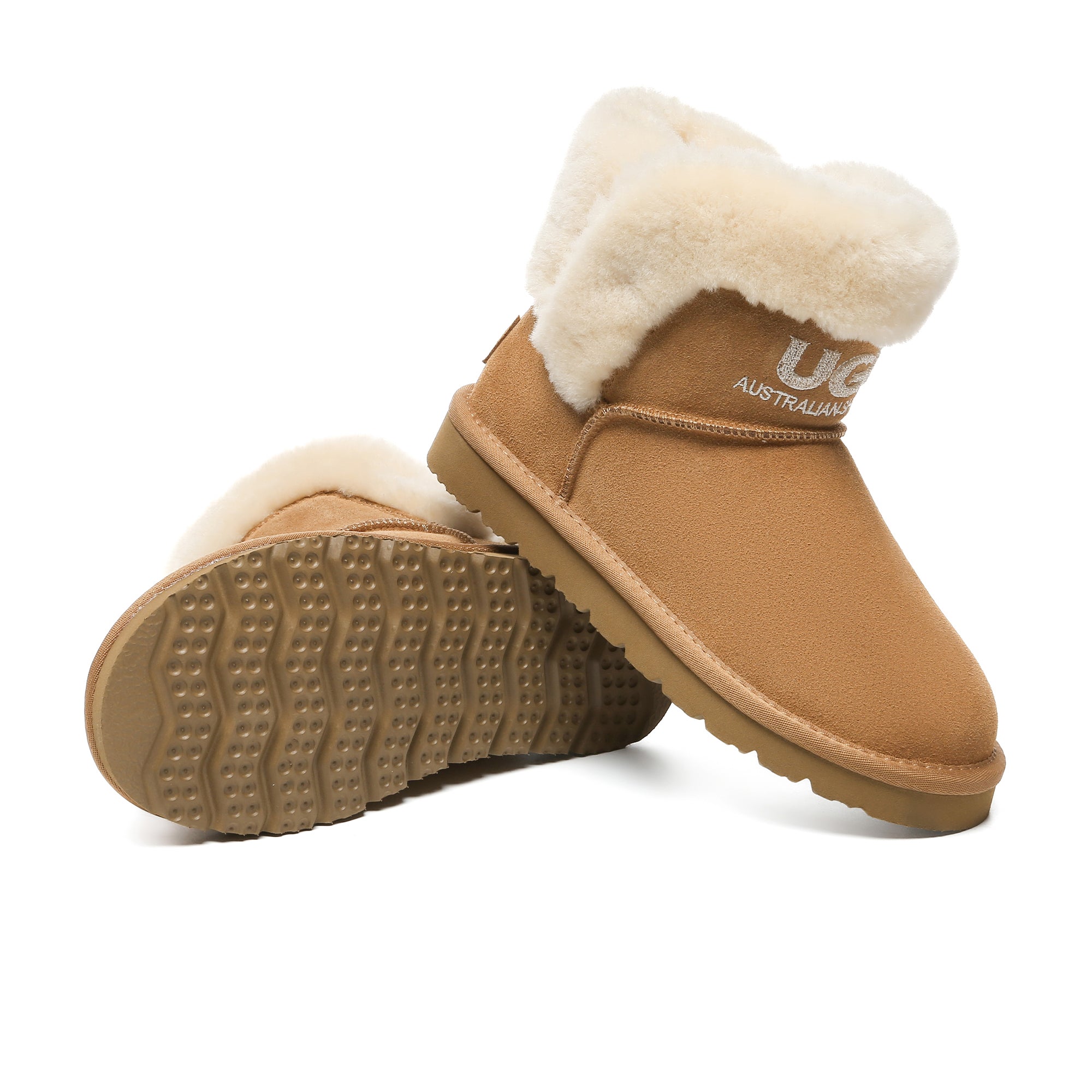 EverUgg shearling ankle mini UGG boots for women showing the cozy fur-lined interior and stylish ankle height design.