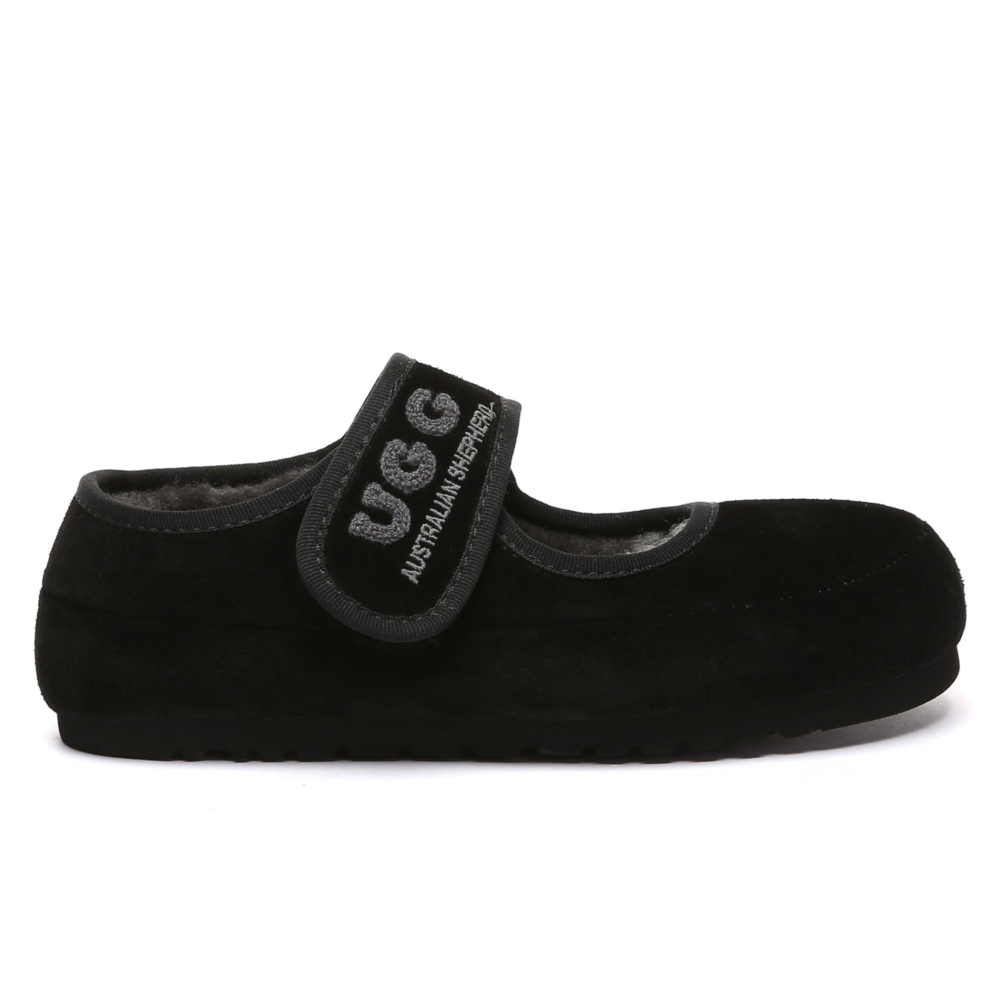 EverUgg shearling logo strap UGG slippers for women, showing soft shearling lining and stylish strap design.