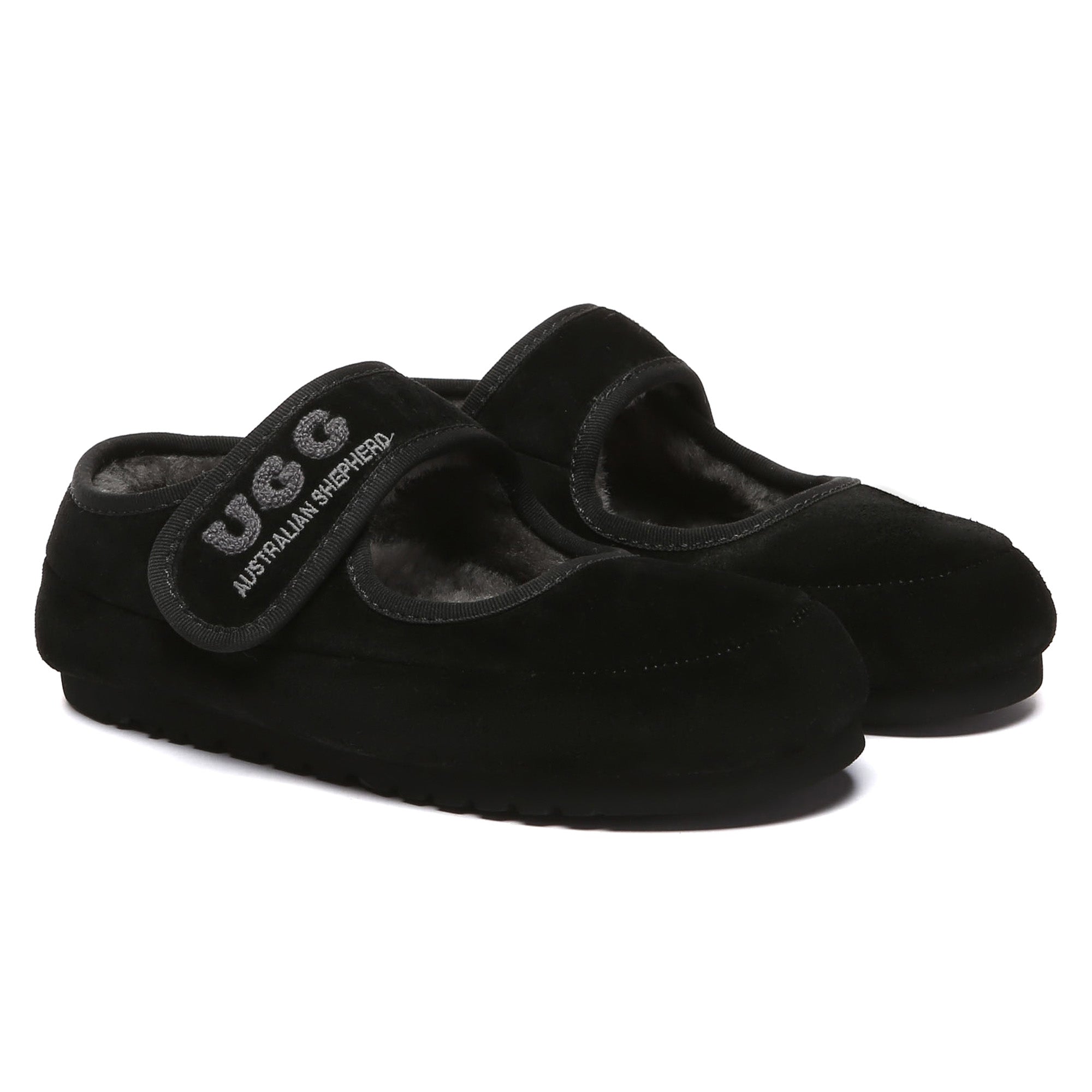 EverUgg shearling logo strap UGG slippers for women, featuring soft shearling lining and casual slip-on design.