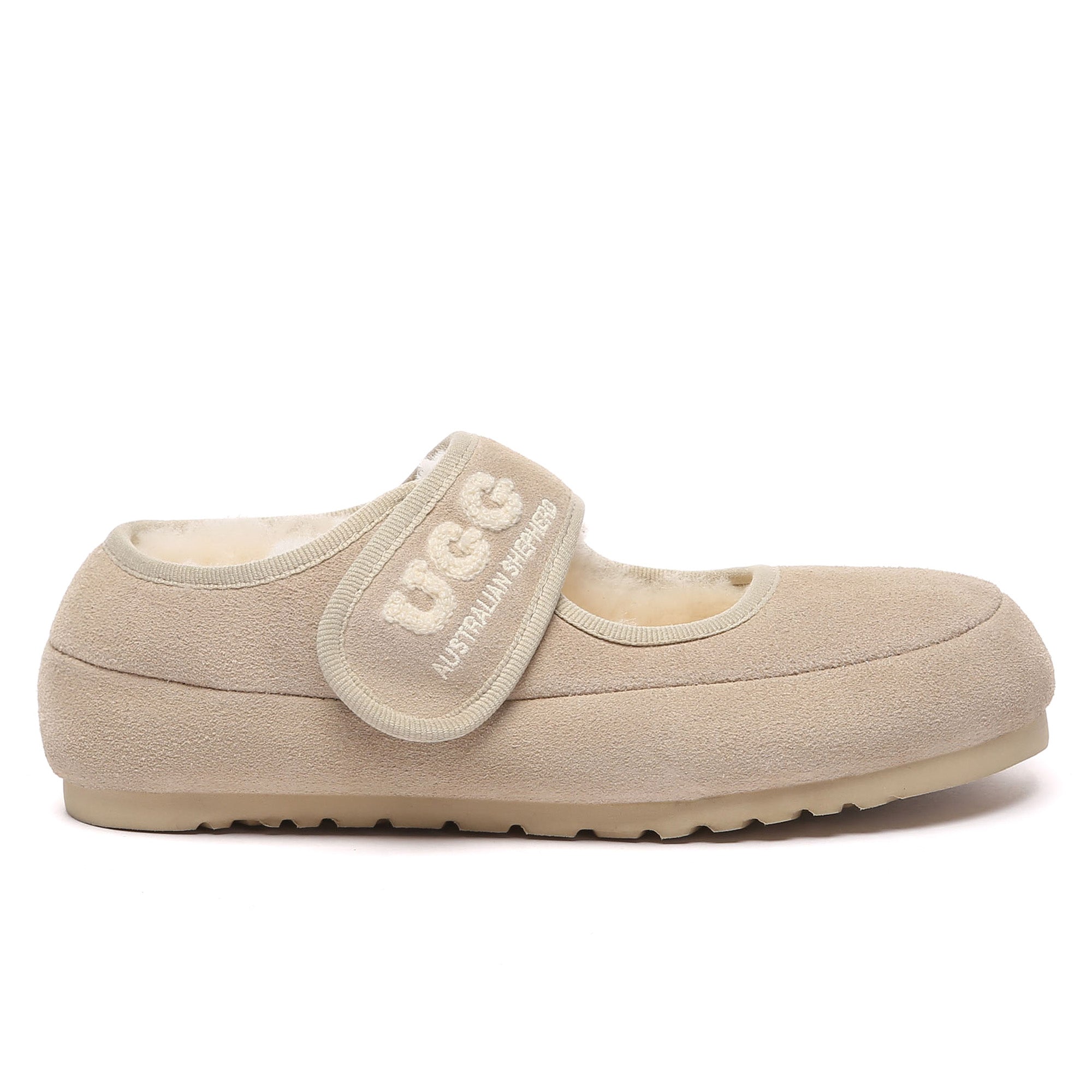 EverUgg shearling logo strap UGG slippers for women, with soft sheepskin lining and casual slip-on style.