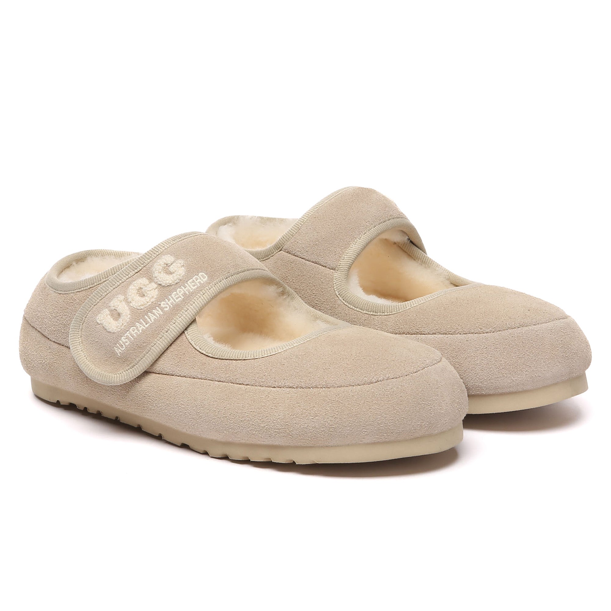 EverUgg shearling logo strap UGG slippers for women, featuring plush interior and stylish slip-on design.