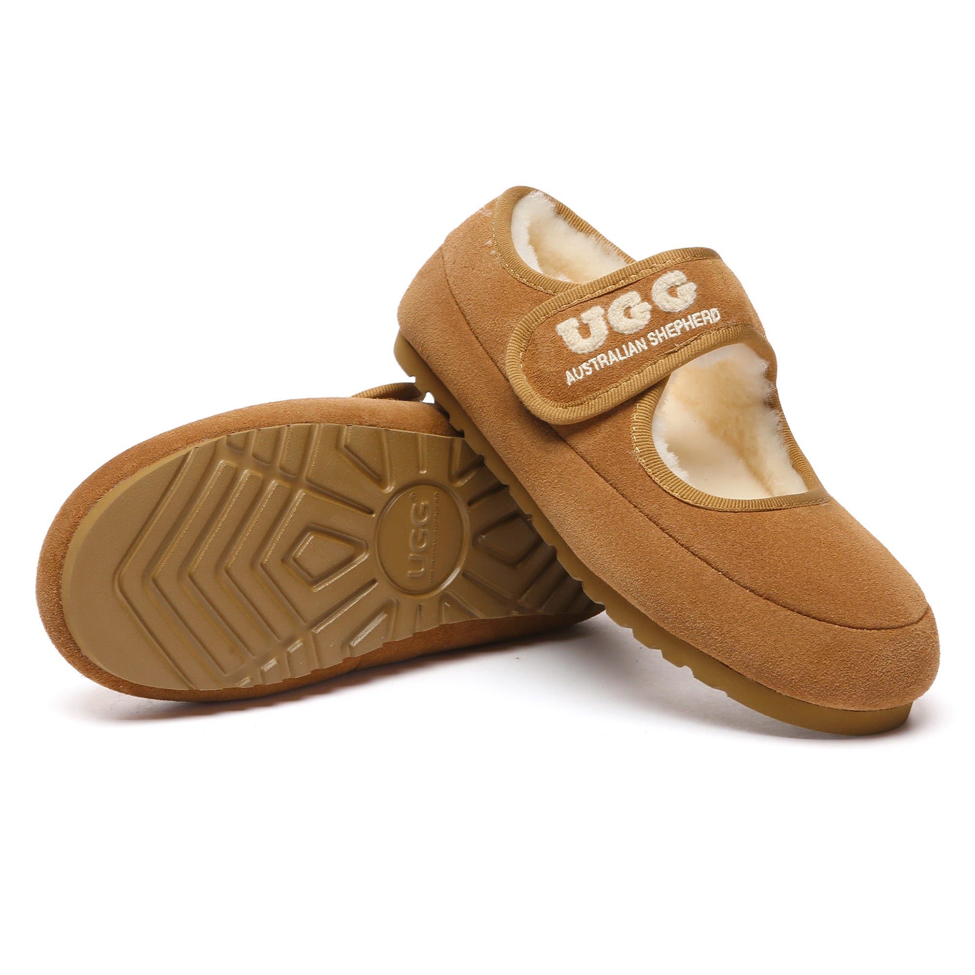 EverUgg shearling logo strap UGG slippers for women, featuring soft shearling lining and casual slip-on style.