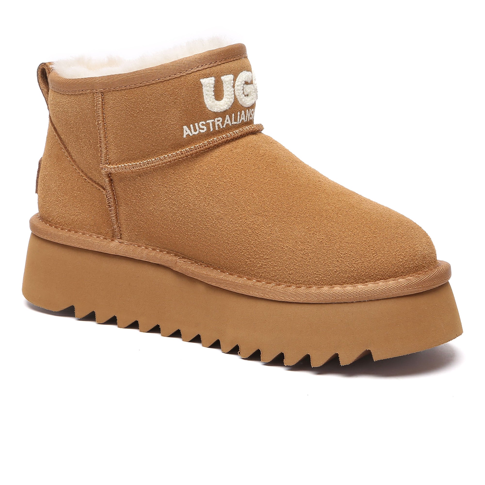 EverUgg shearling logo ultra mini platform UGG boots for women, showcasing cozy shearling lining and sleek mini boot design.