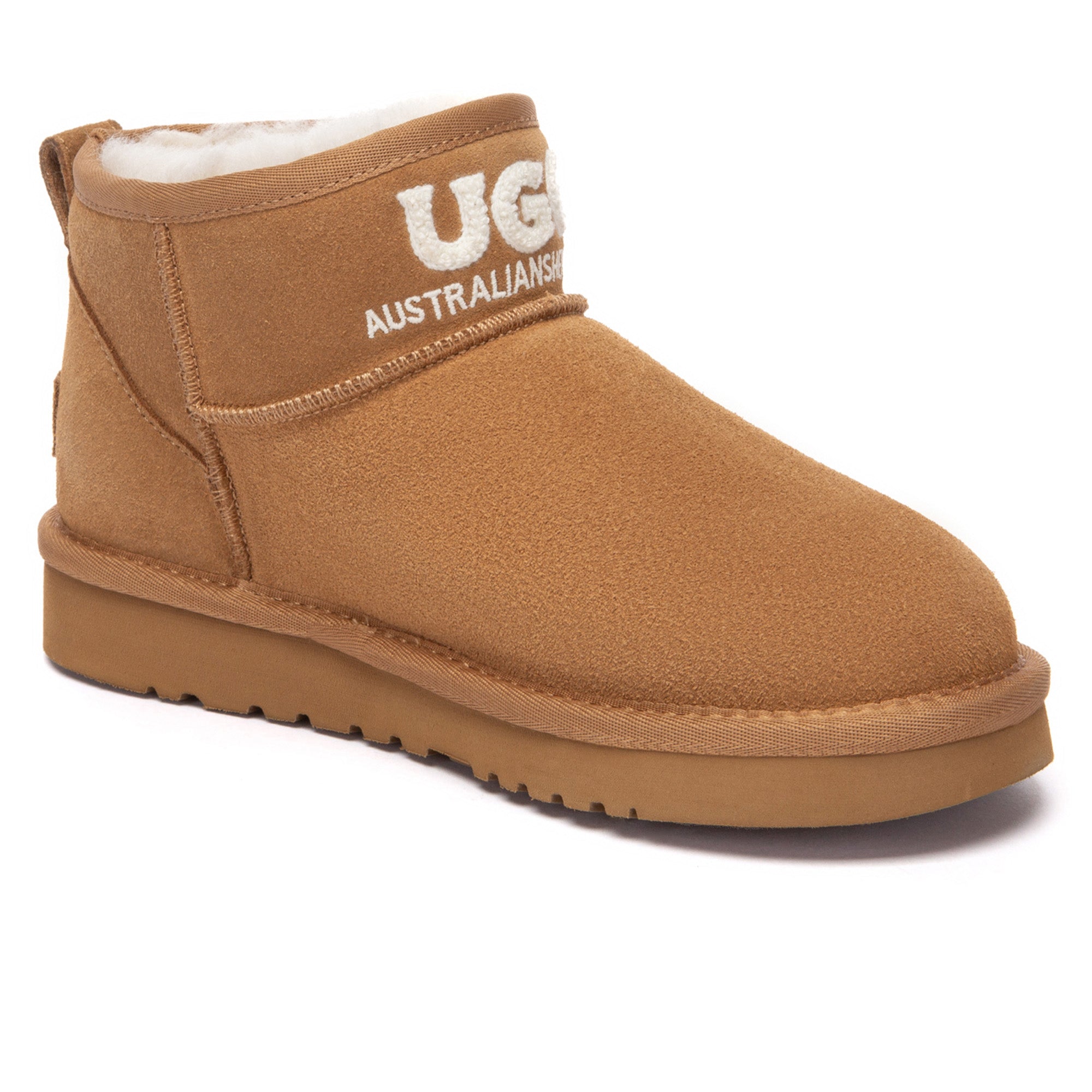EverUgg shearling logo ultra mini UGG boots for women, showcasing the classic cozy shearling lining and stylish mini design.