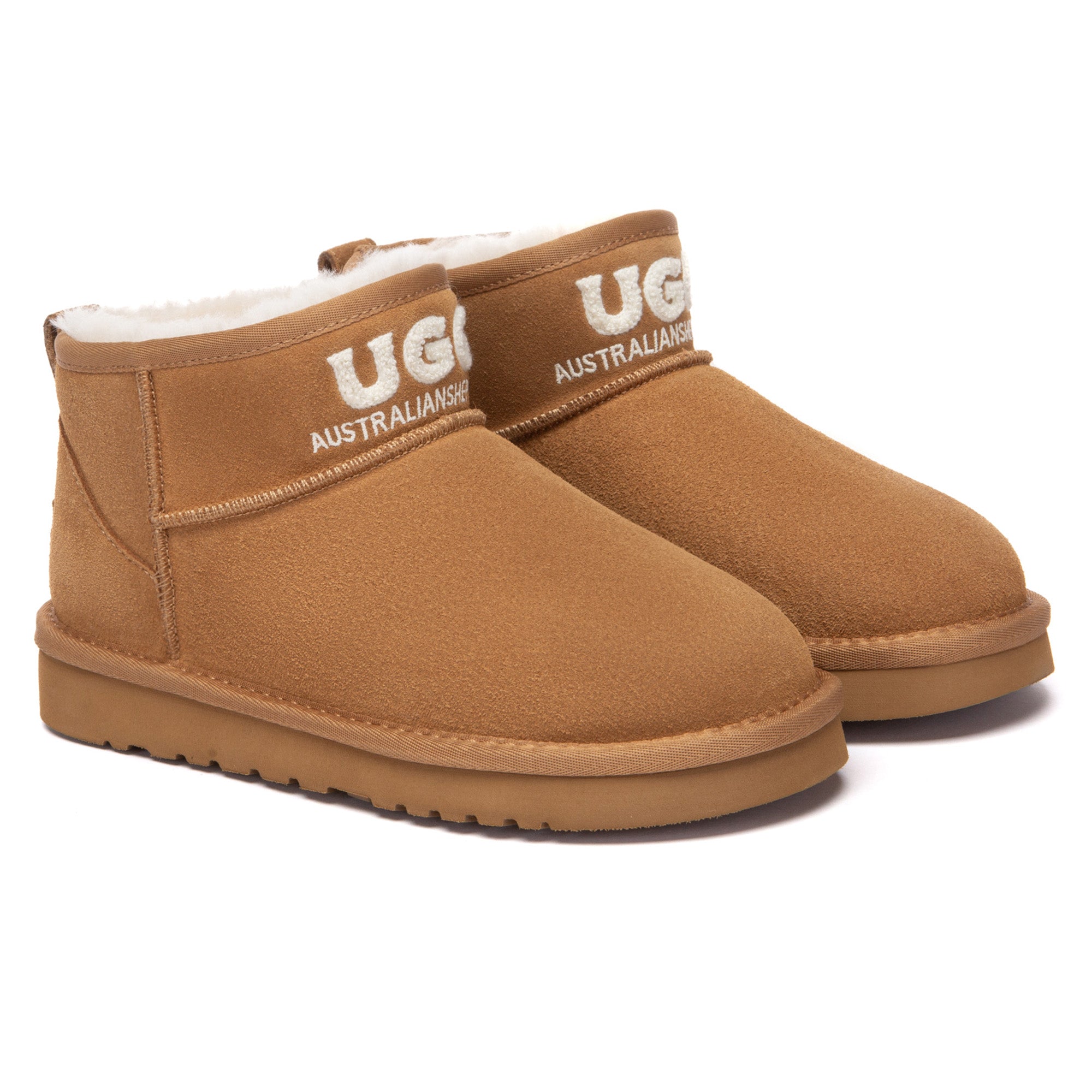 EverUgg shearling logo ultra mini UGG boots for women, featuring classic leather and cozy shearling lining.
