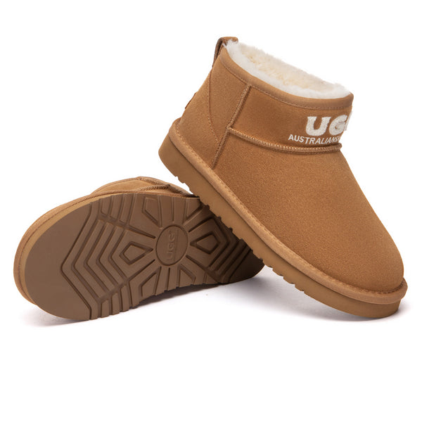 EverUgg shearling logo ultra mini UGG boots for women, showcasing plush shearling lining and classic mini boot design.