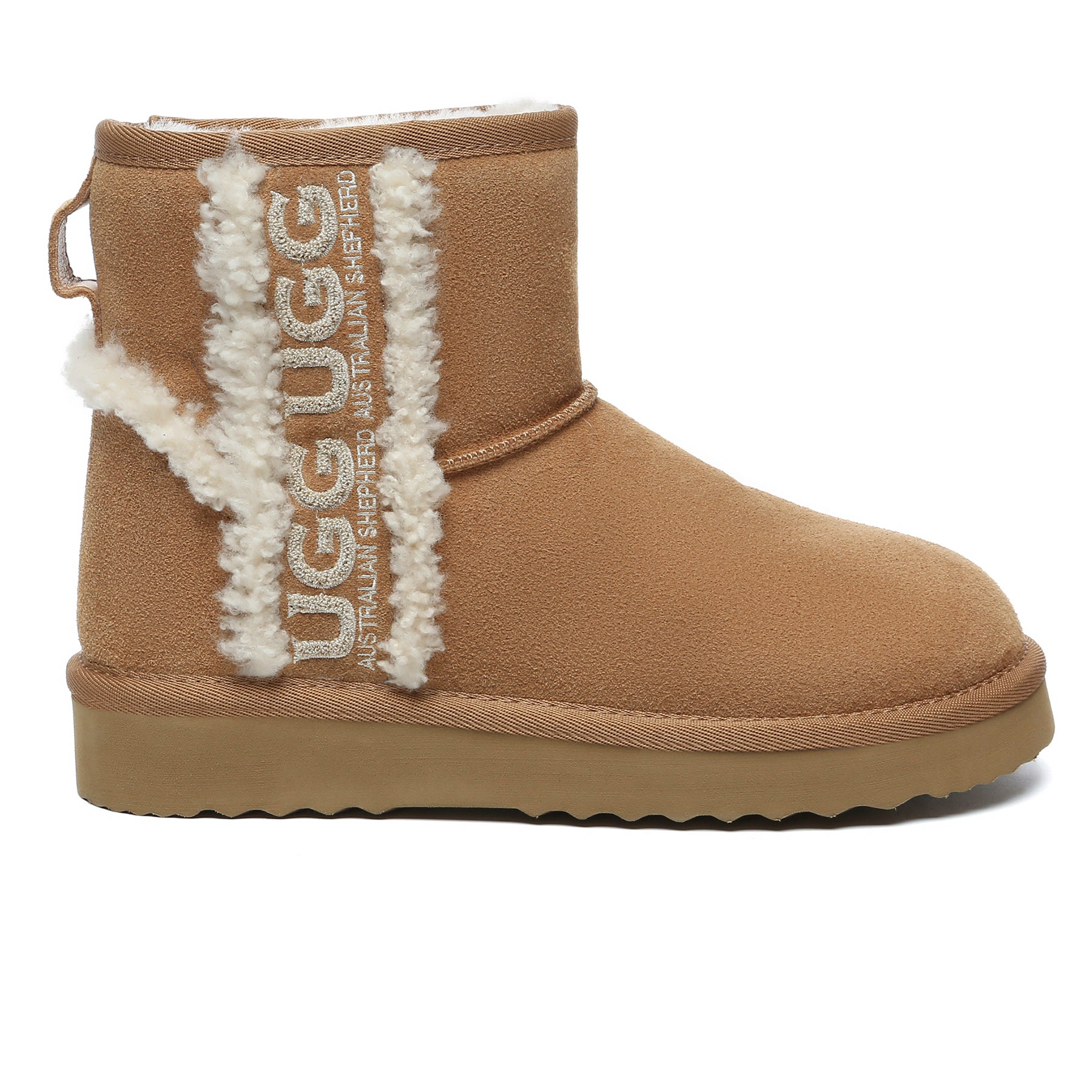 EverUgg shearling wool side mini UGG boots for women, showing the cozy exterior and stylish design.