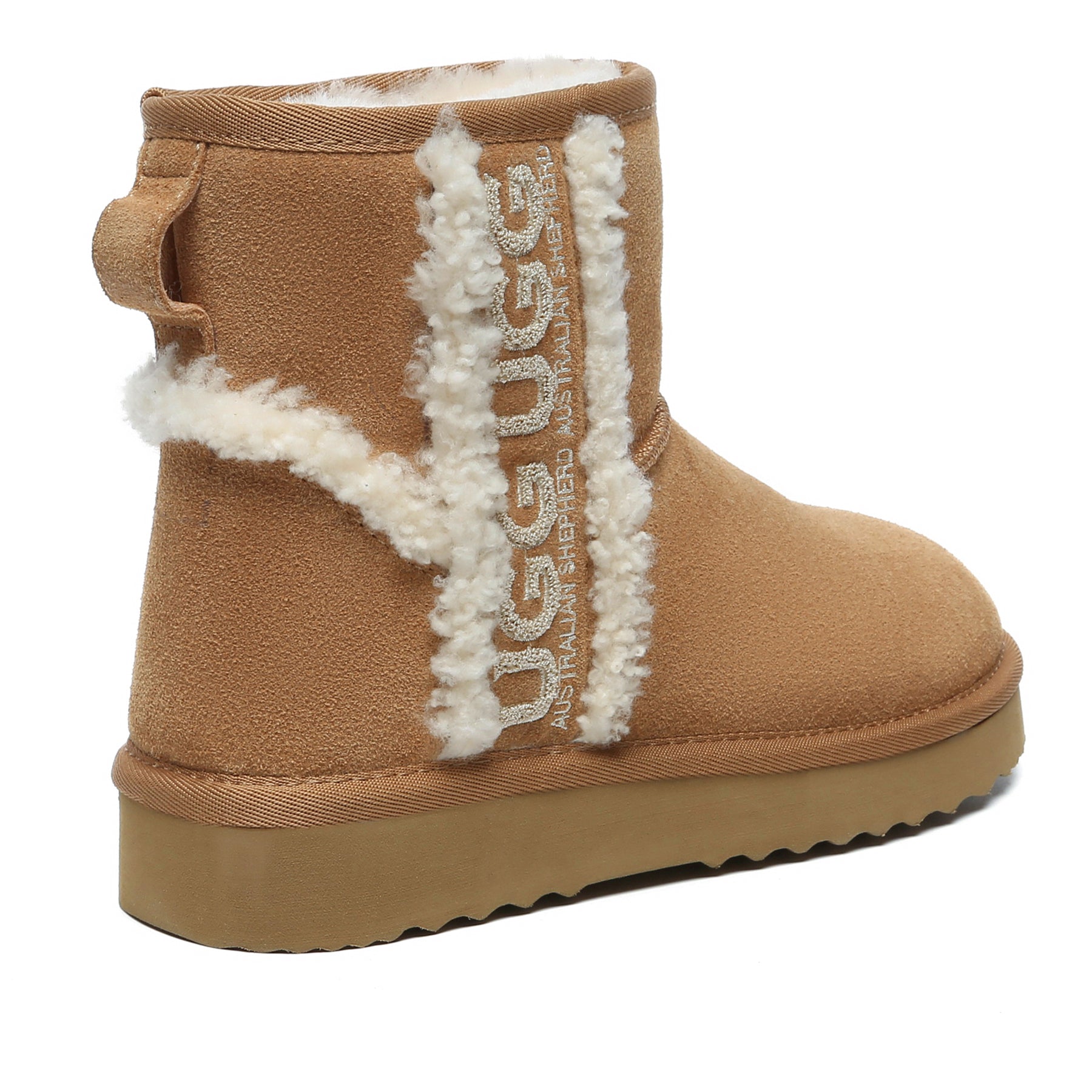 EverUgg shearling wool side mini UGG boots for women, showing the soft sheepskin lining and stylish suede exterior.