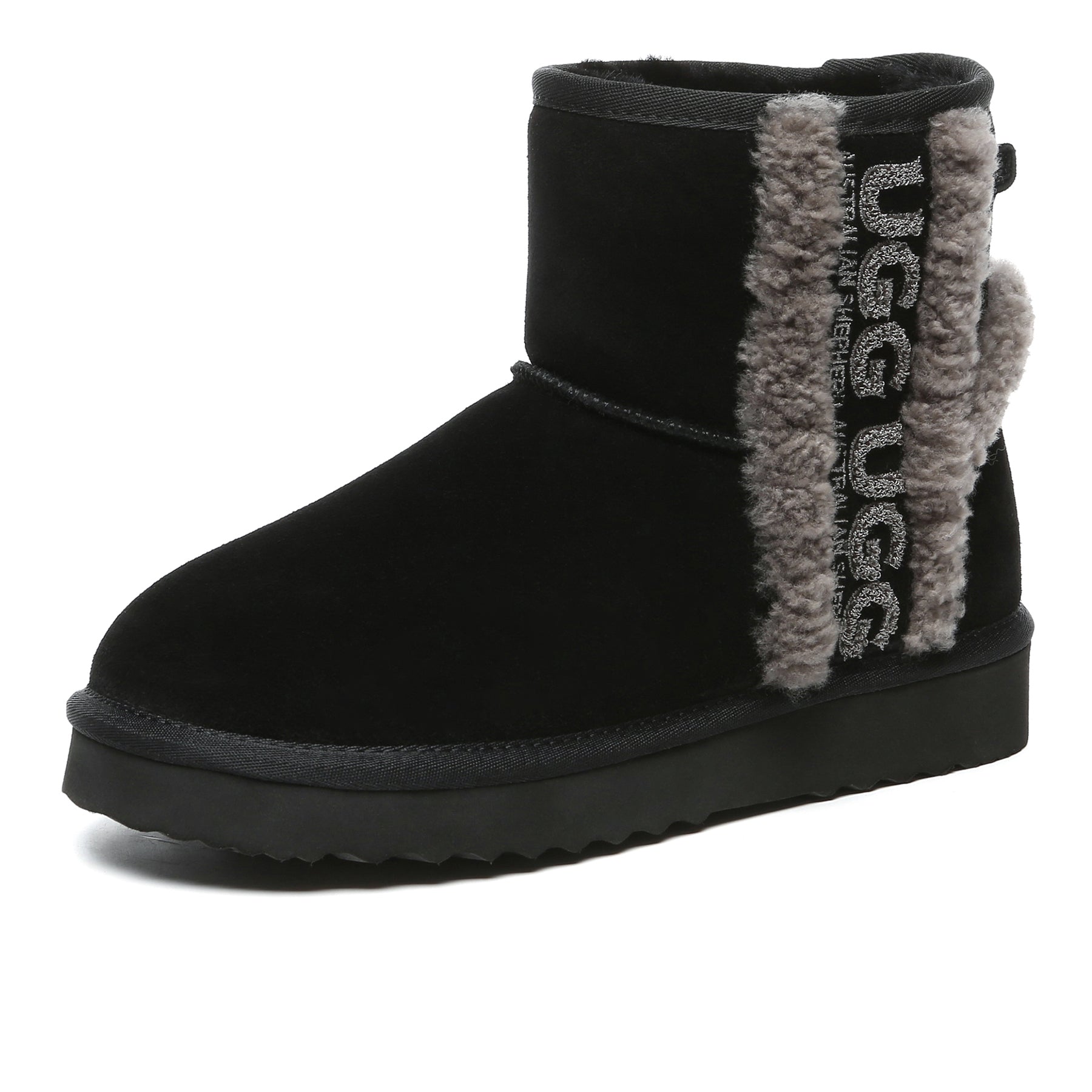 Black shearling wool side mini UGG boots for women by EverUgg, showcasing the cozy sheepskin lining and sleek design.