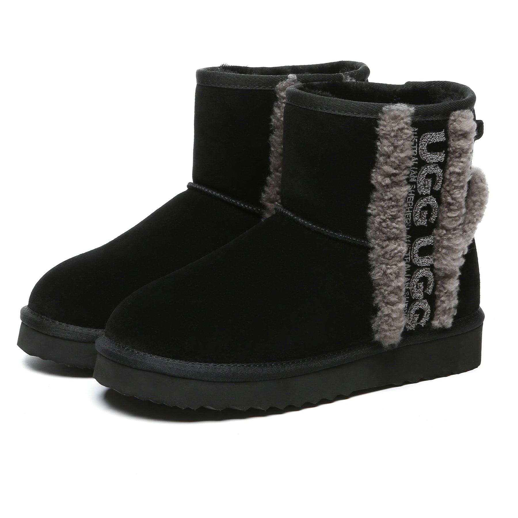 Black shearling wool side mini UGG boots for women by EverUgg featuring cozy fur lining and classic ankle-height design.