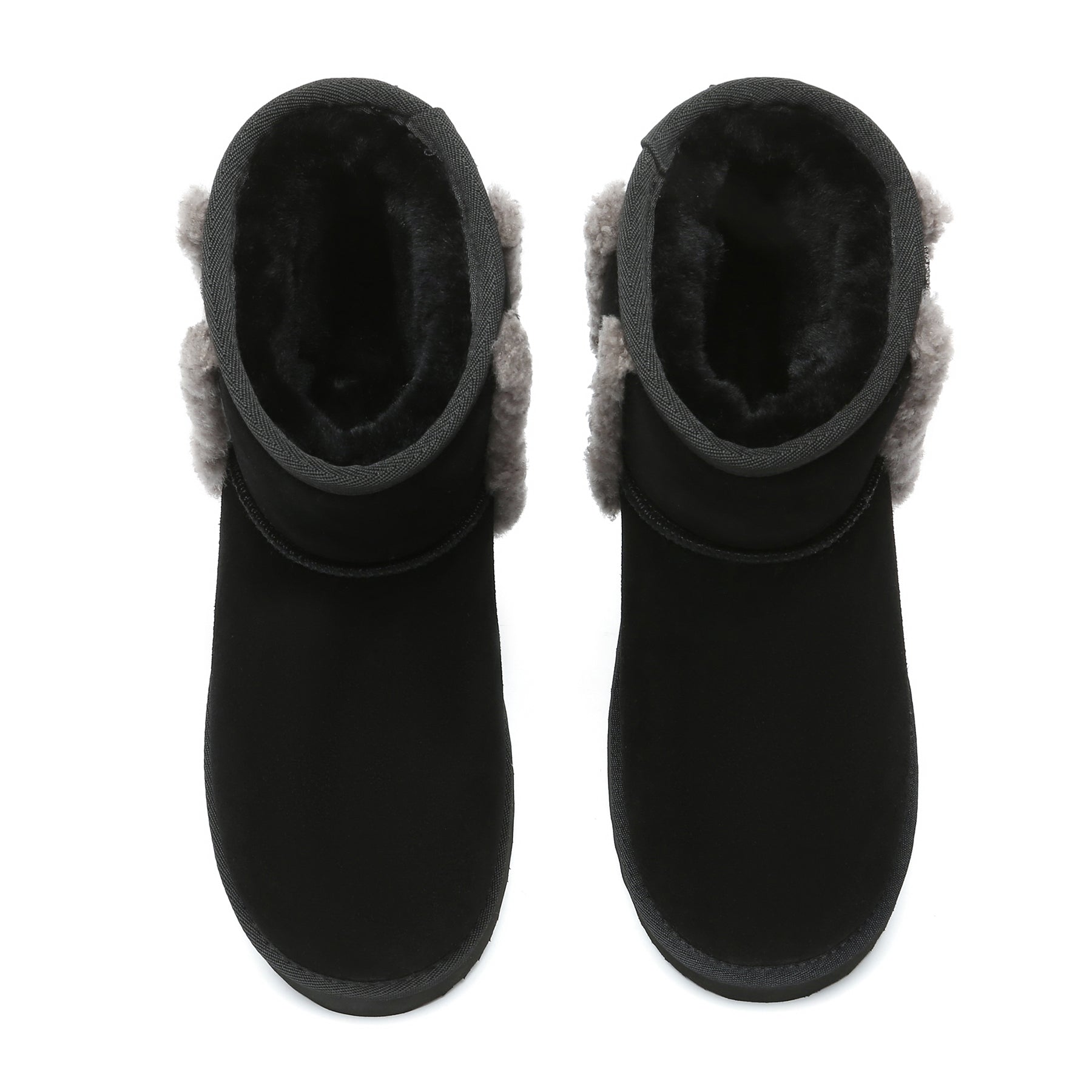 Black shearling wool side mini UGG boots for women by EverUgg, showing the cozy interior and stylish exterior design.