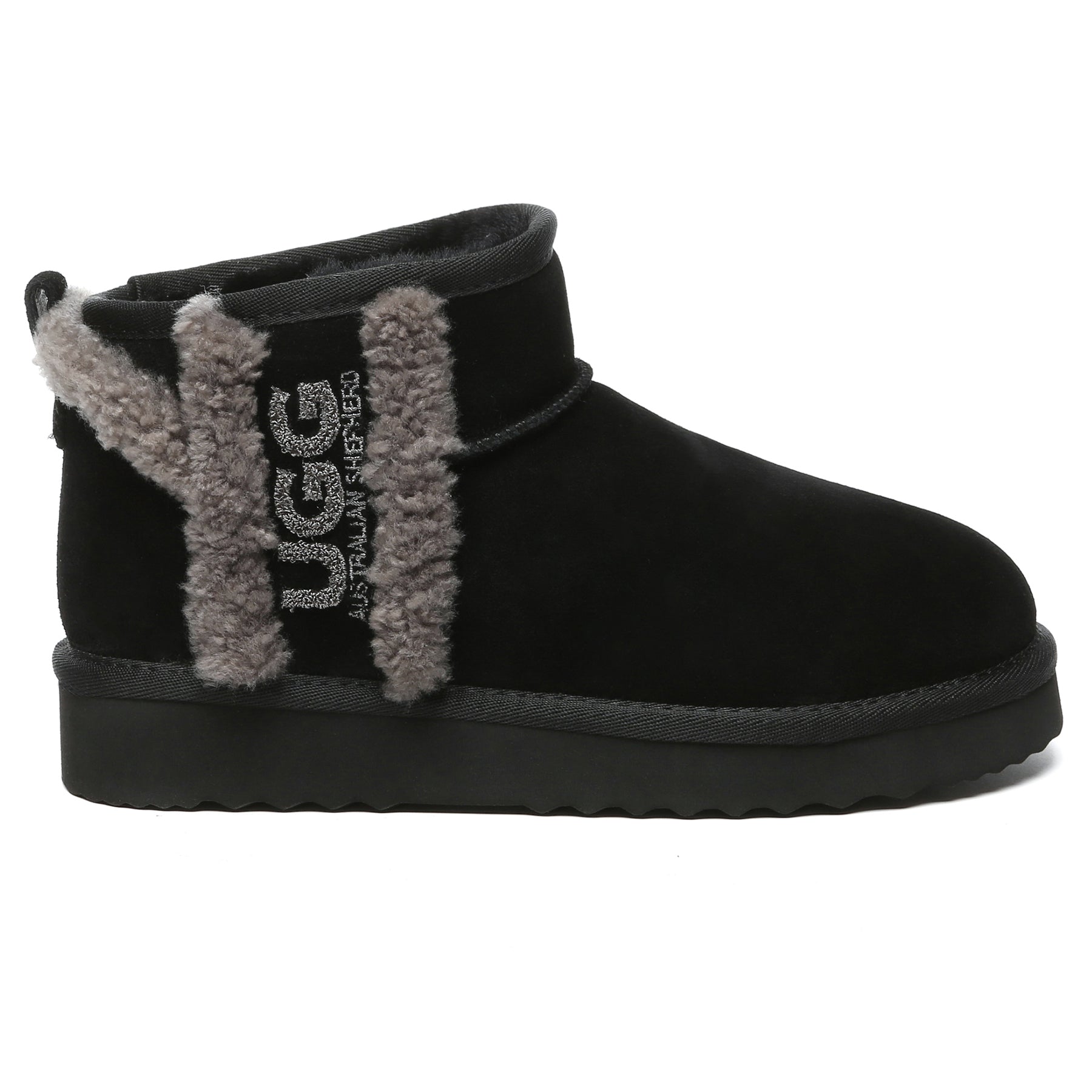 Black Shearling Wool Side Ultra Mini UGG Boots for women by EverUgg, featuring soft shearling lining and a compact boot design.
