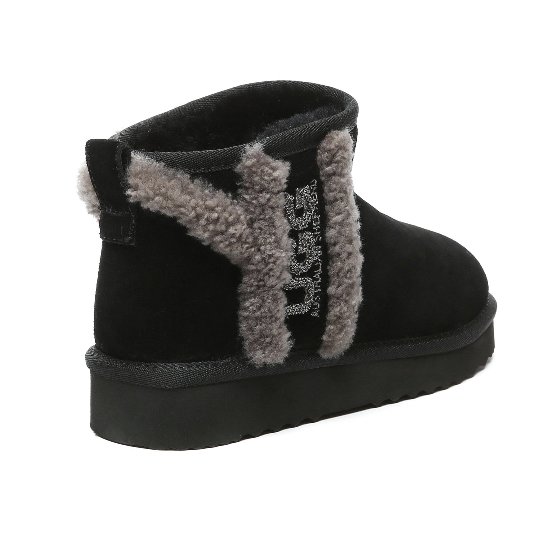 Black shearling wool side ultra mini UGG boots for women by EverUgg, featuring a cozy suede exterior and plush interior.