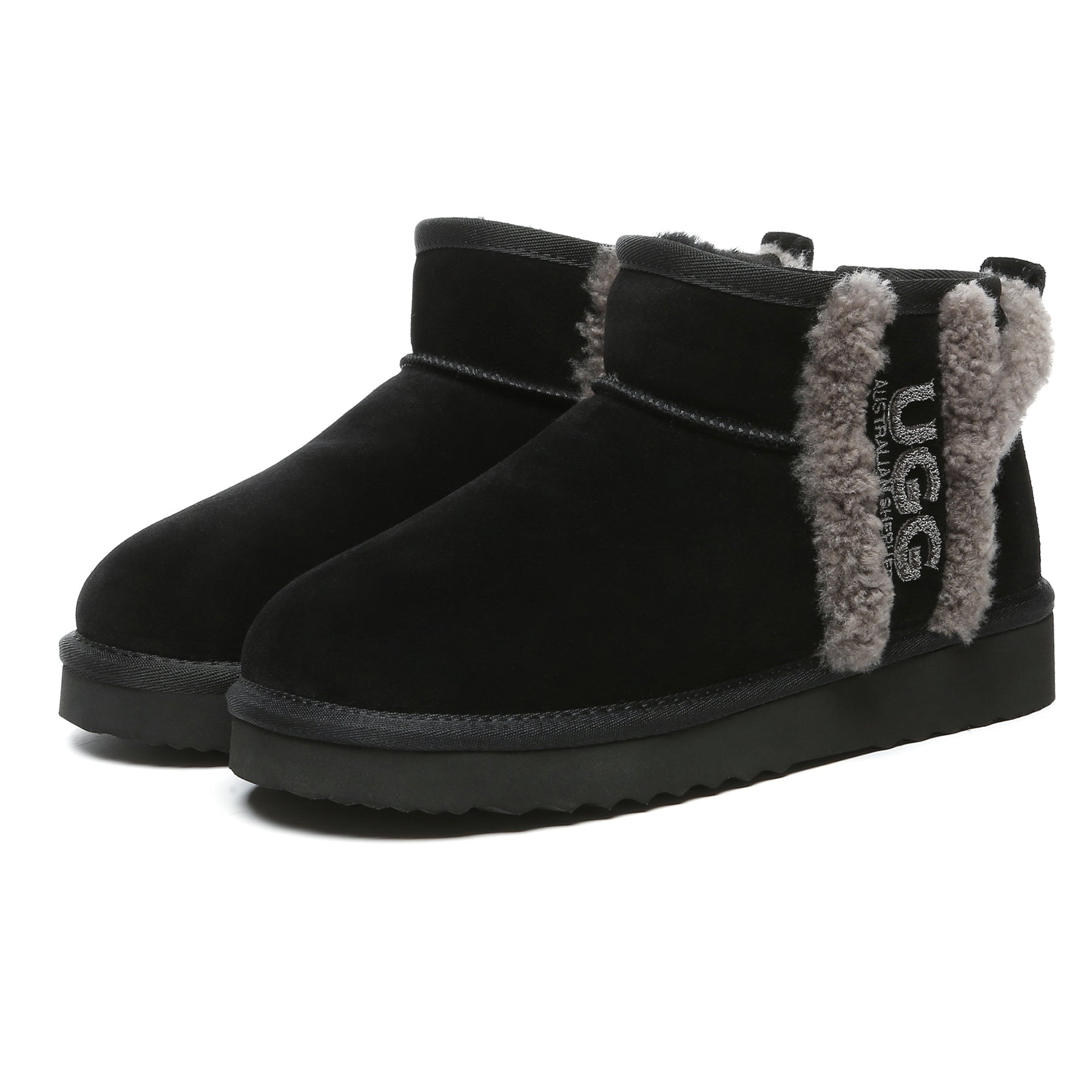 Black shearling wool UGG boots for women with side detail, ultra mini length, crafted by EverUgg.