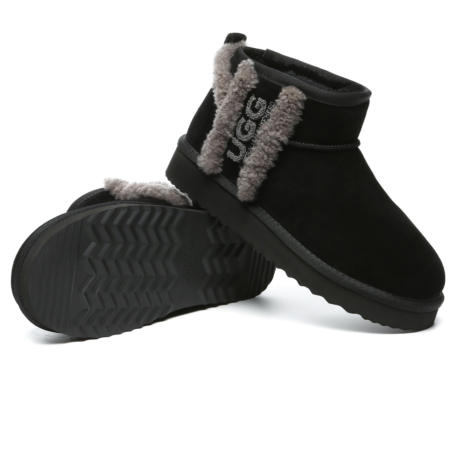 Black shearling wool side ultra mini UGG boots for women by EverUgg, showcasing cozy shearling lining and stylish mini design.