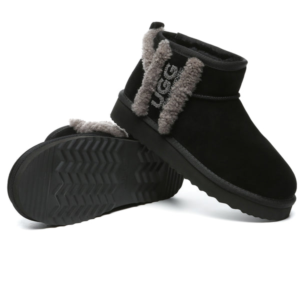 Black shearling wool side ultra mini UGG boots for women by EverUgg, showcasing cozy shearling lining and stylish mini design.