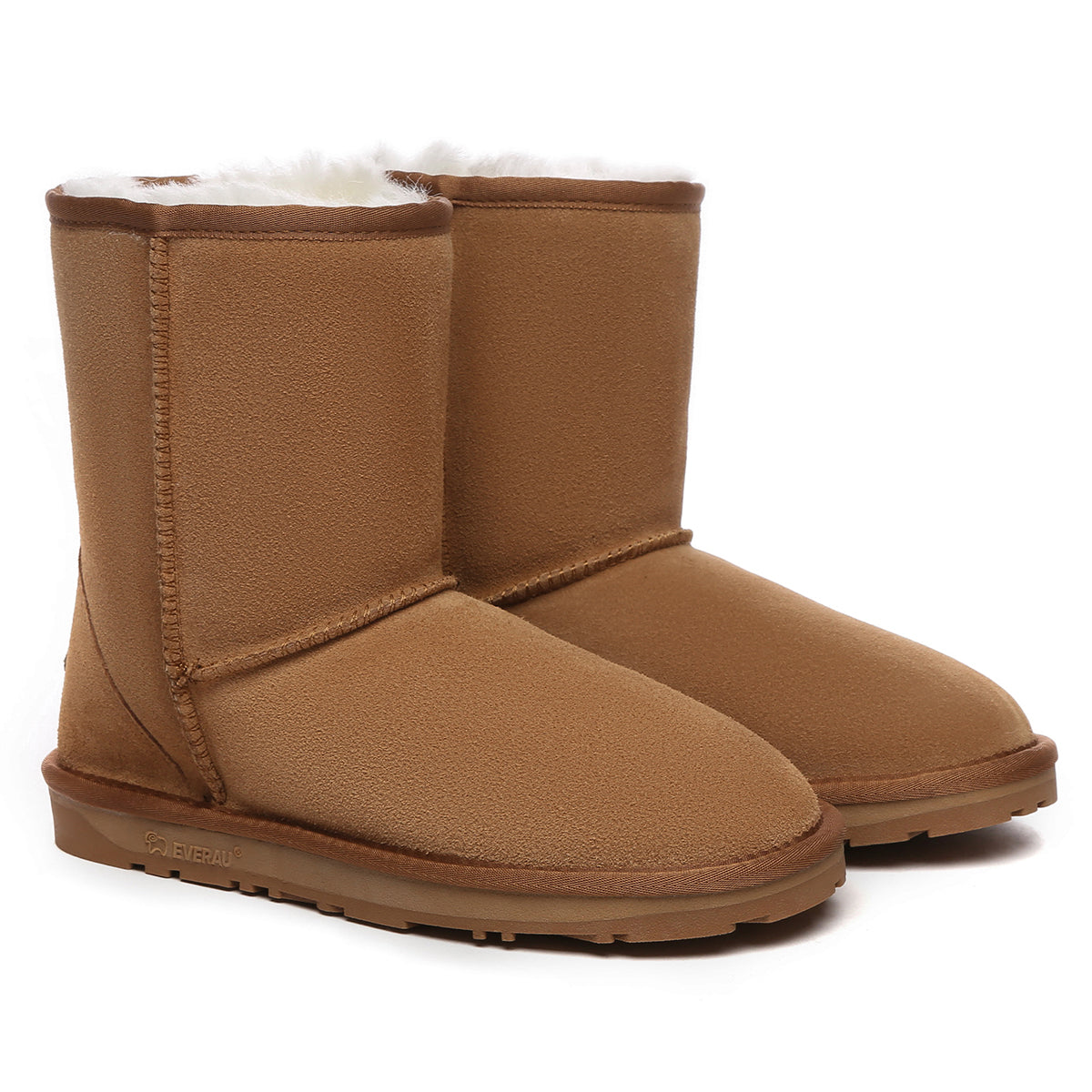 EverUgg short classic suede UGG boots in chestnut color with plush lining and durable rubber sole, casual winter footwear.