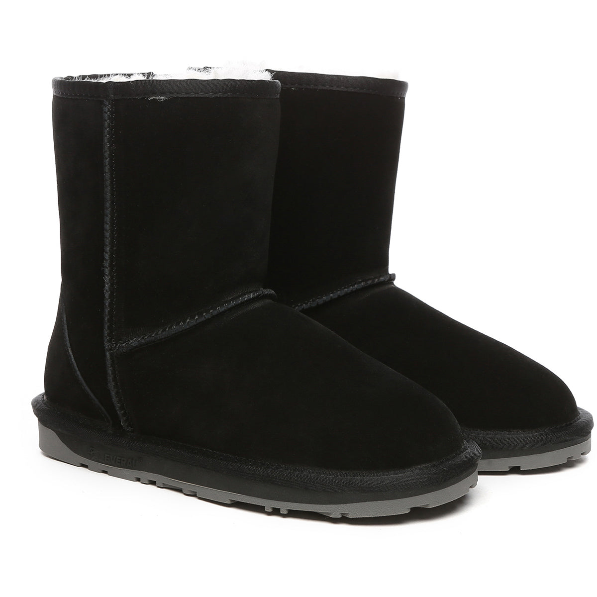 Black EverUgg short classic suede UGG boots with a rounded toe and plush interior for cozy winter wear.